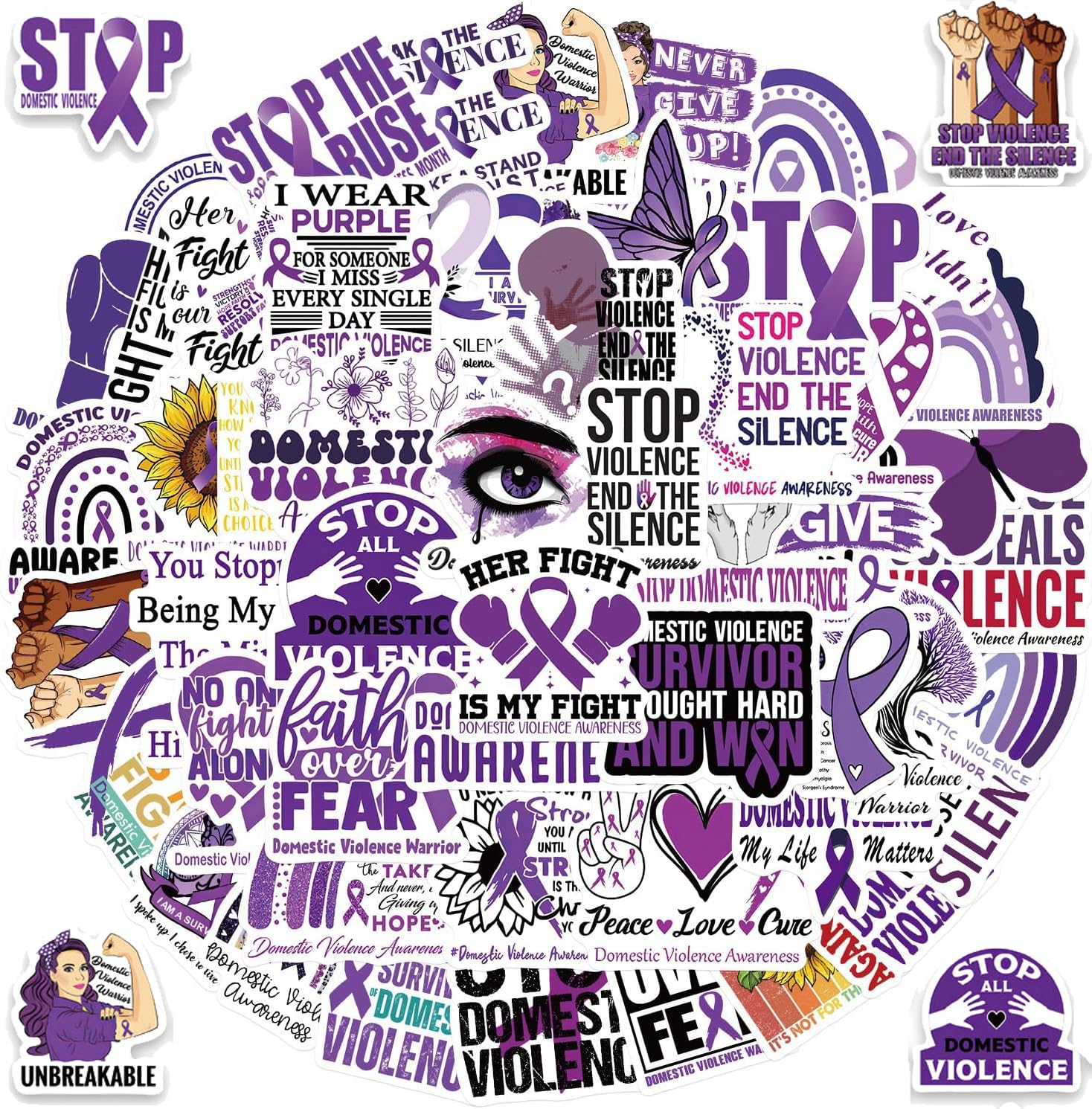 Domestic Violence Awareness Stickers, 50PCS Purple Ribbon Awareness Stop Domestic Violence Sticker Decals for Water Bottles Laptop Phone Skateboard