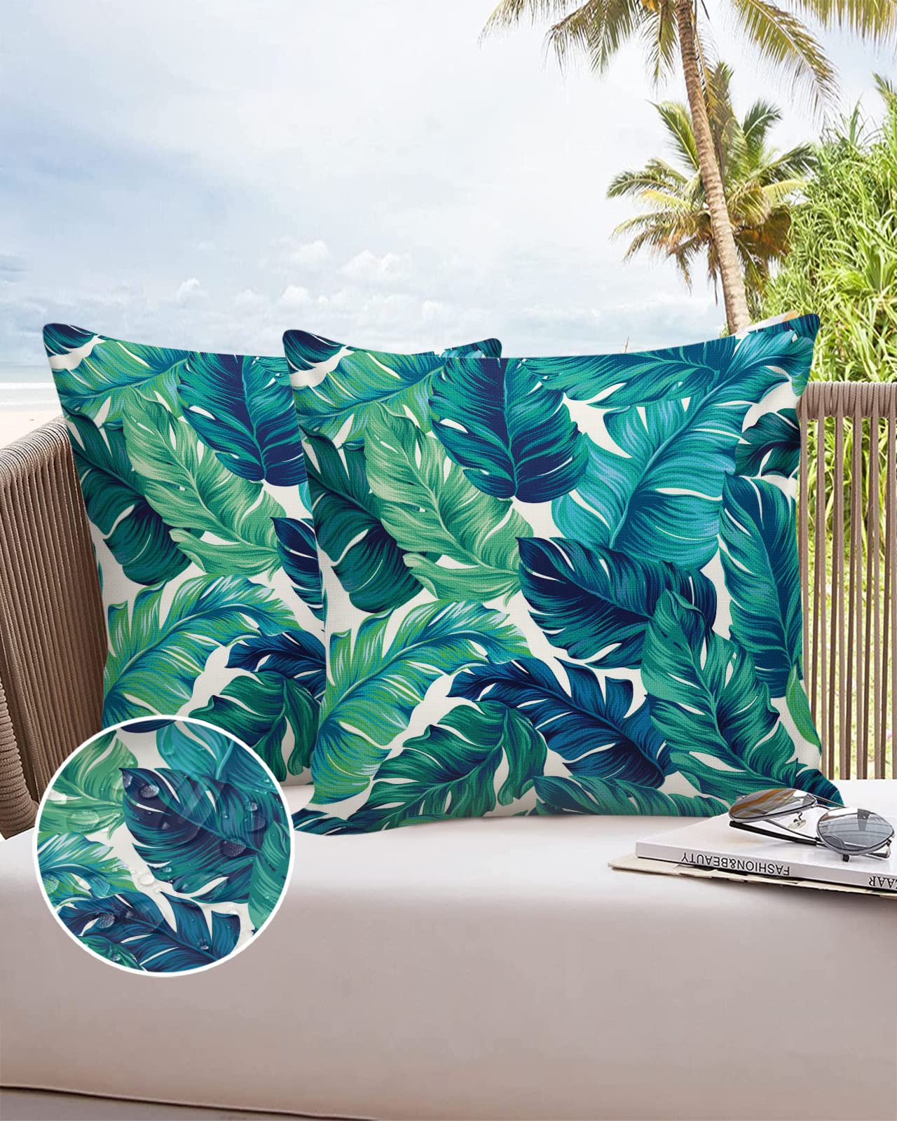 Outdoor Pillow Covers Waterproof, Close-up Tropical Plants Leaves Filling All Weather Cushion Case Set of 2, Green Banana Plam Tree Leaves Decorative Pillowcases for Sofa Patio Furniture 18