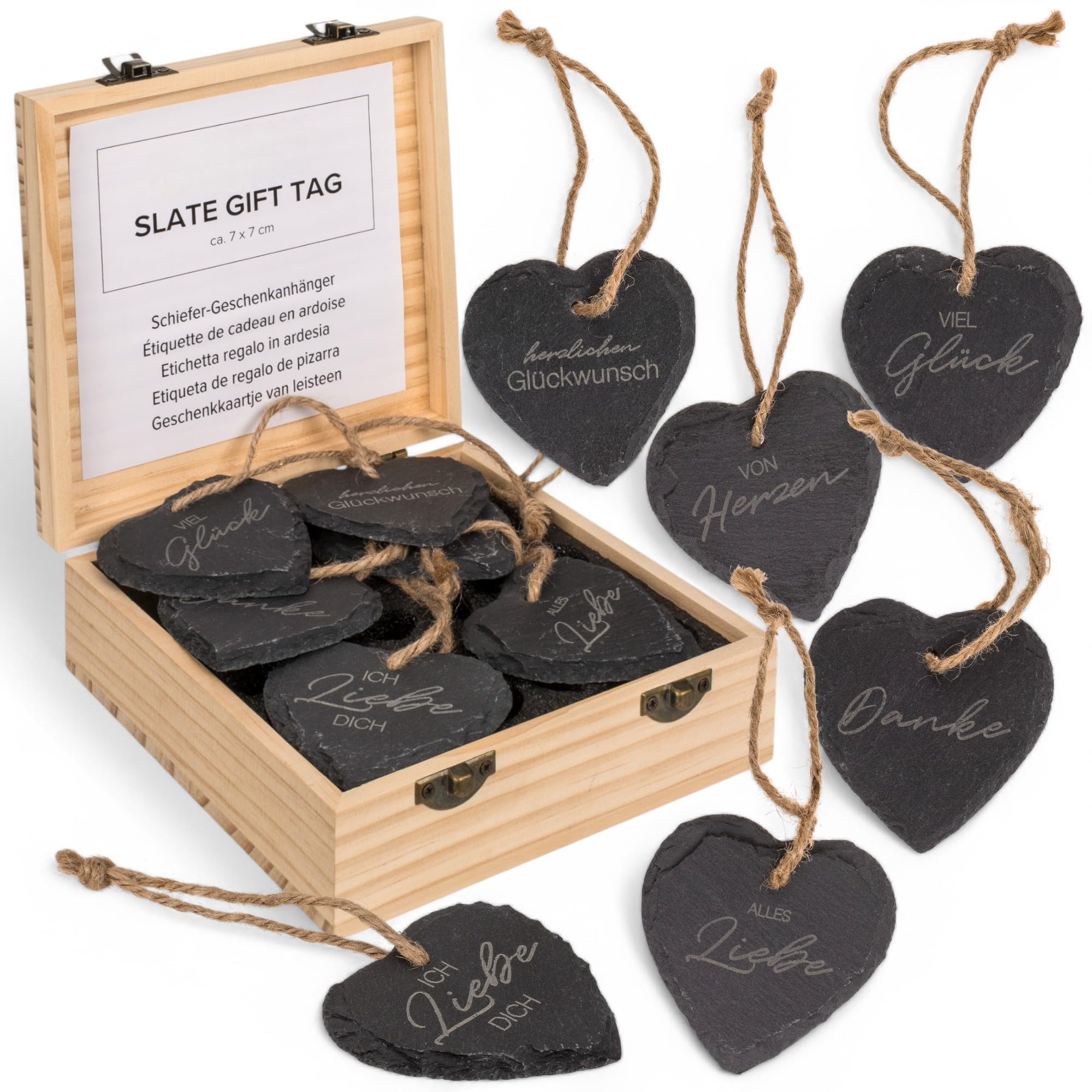 MIJOMA Schiefer Herzanhänger 24er Set – Gravierte Geschenkanhänger mit 6 Sprüchen – 7x7 cm – In Holzbox – Perfekt für Mitbringsel & Dekoration