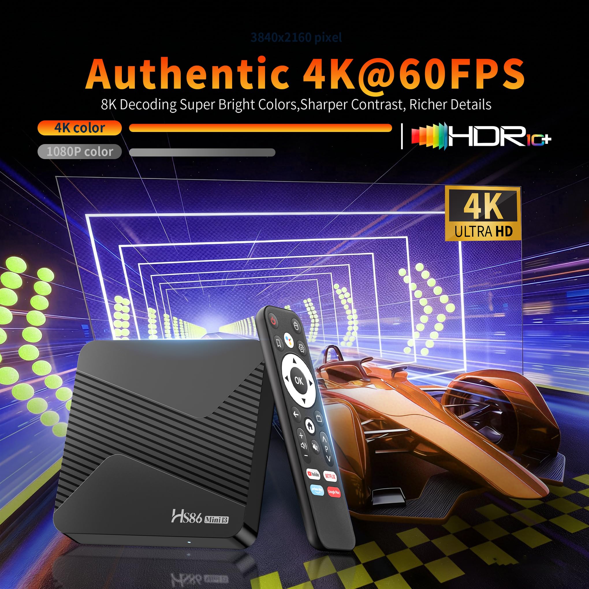 HS86 MINI13 Android 14.0 TV Box 4K@60FPS Android Box 4G RAM 64G ROM RK3528 HD 8K UHD Smart TV Box 2,4 GHz 5,0 GHz Doppio WiFi6 HDR10 BT5.4 10/100M LAN Ethernet Telecomando Bluetooth