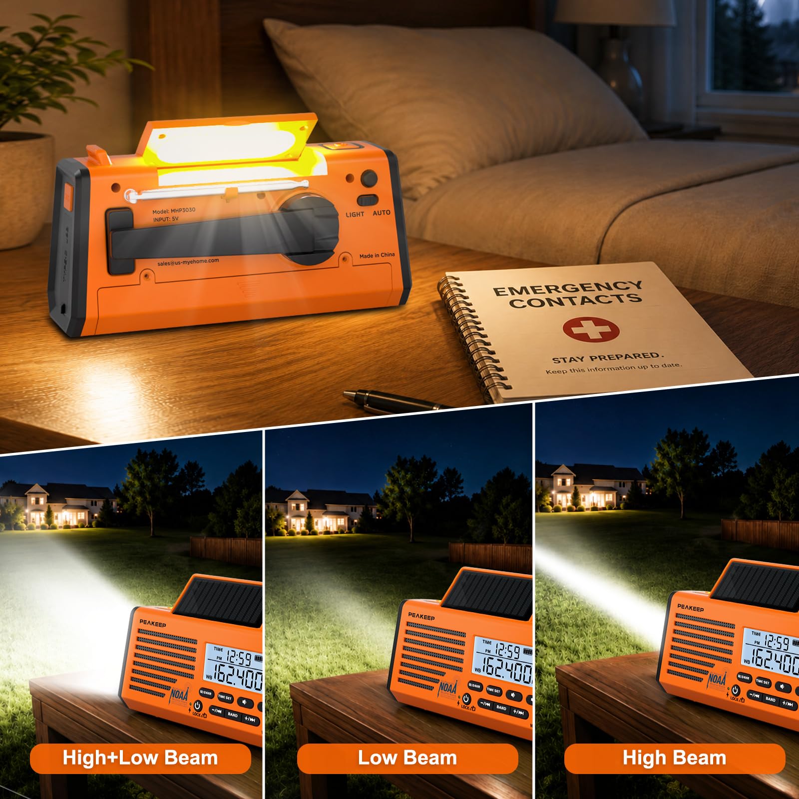 Peakeep NOAA Radio météo d'urgence à manivelle à énergie solaire – Batterie rechargeable de 18500 mWh, radio AM/FM/SW, lampe de poche SOS sirène pour la maison, la voiture, le camping, les tempêtes