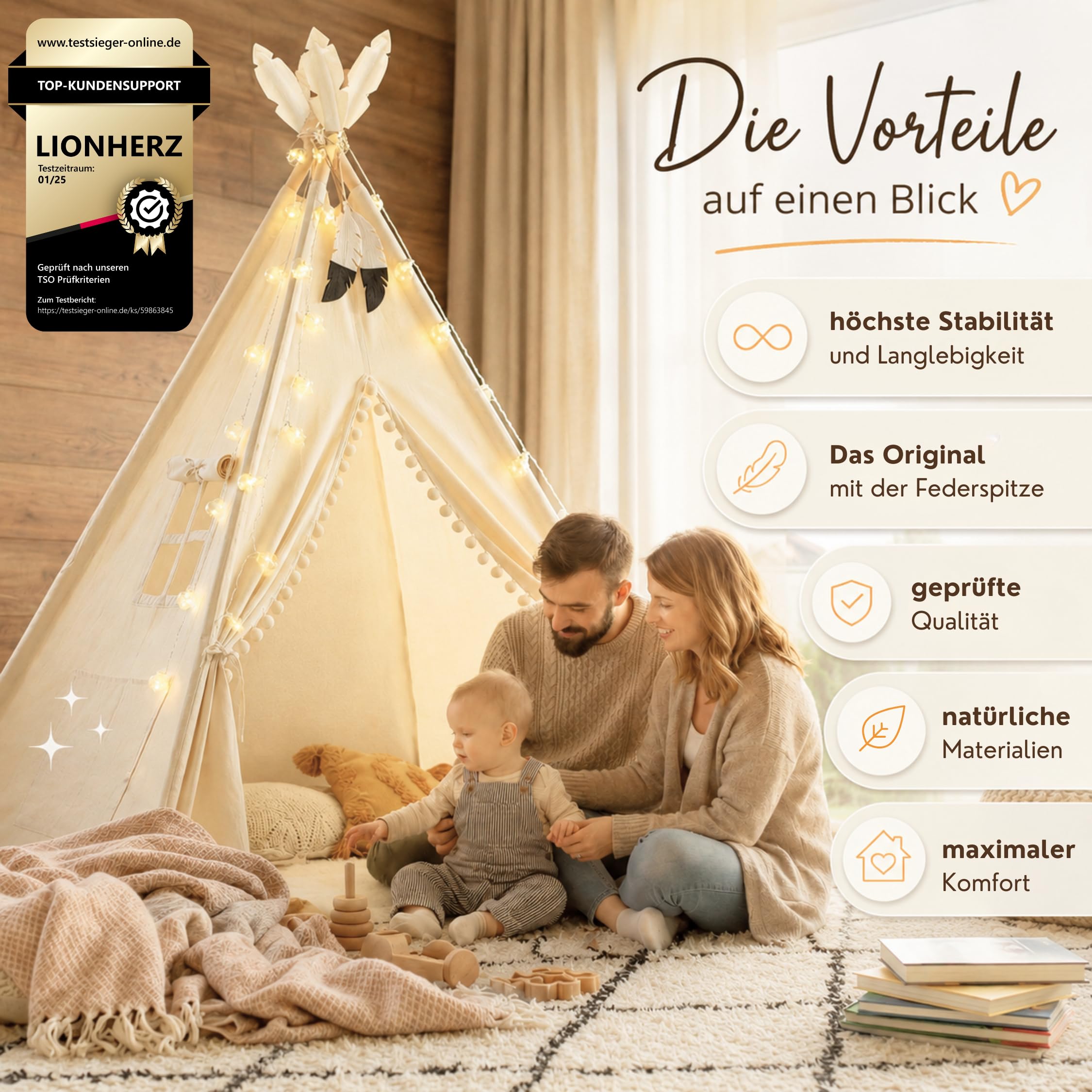LIONHERZ® Tipi Tenda per Bambini in 100% Cotone Con Tappetino, Borsa e Gioielli in Piuma - Teepee da Gioco Stabile per Interni ed Esterni