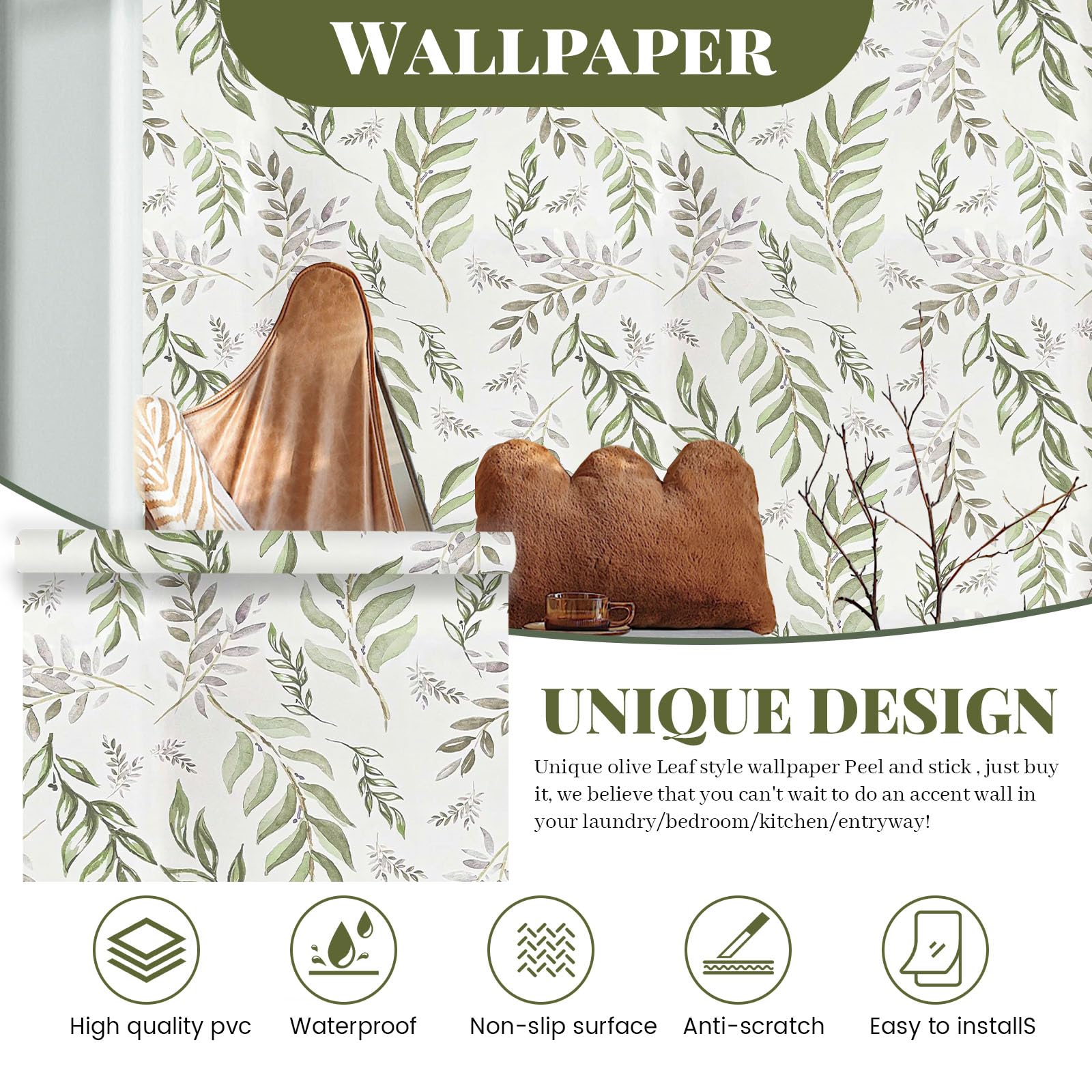 Betinyar Green Leaf Wallpaper Peel and Stick 17.5" x 393" - Image 2