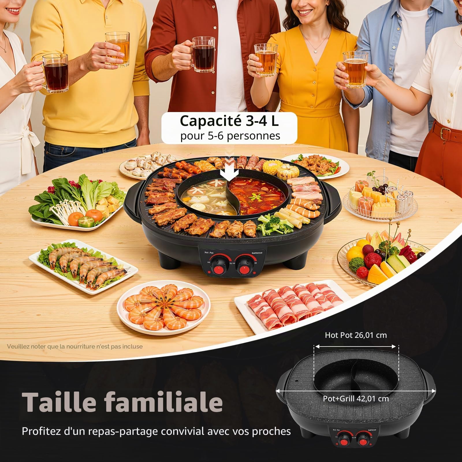 Appareil à fondue chinoise avec grill 2 en 1, Appareil À Fondue Électrique avec Grill 4000W, Hot Pot Chinois 2 en 1 Barbecue Coréen de Table, Marmite Multifonction 5-6 Personnes 26cm