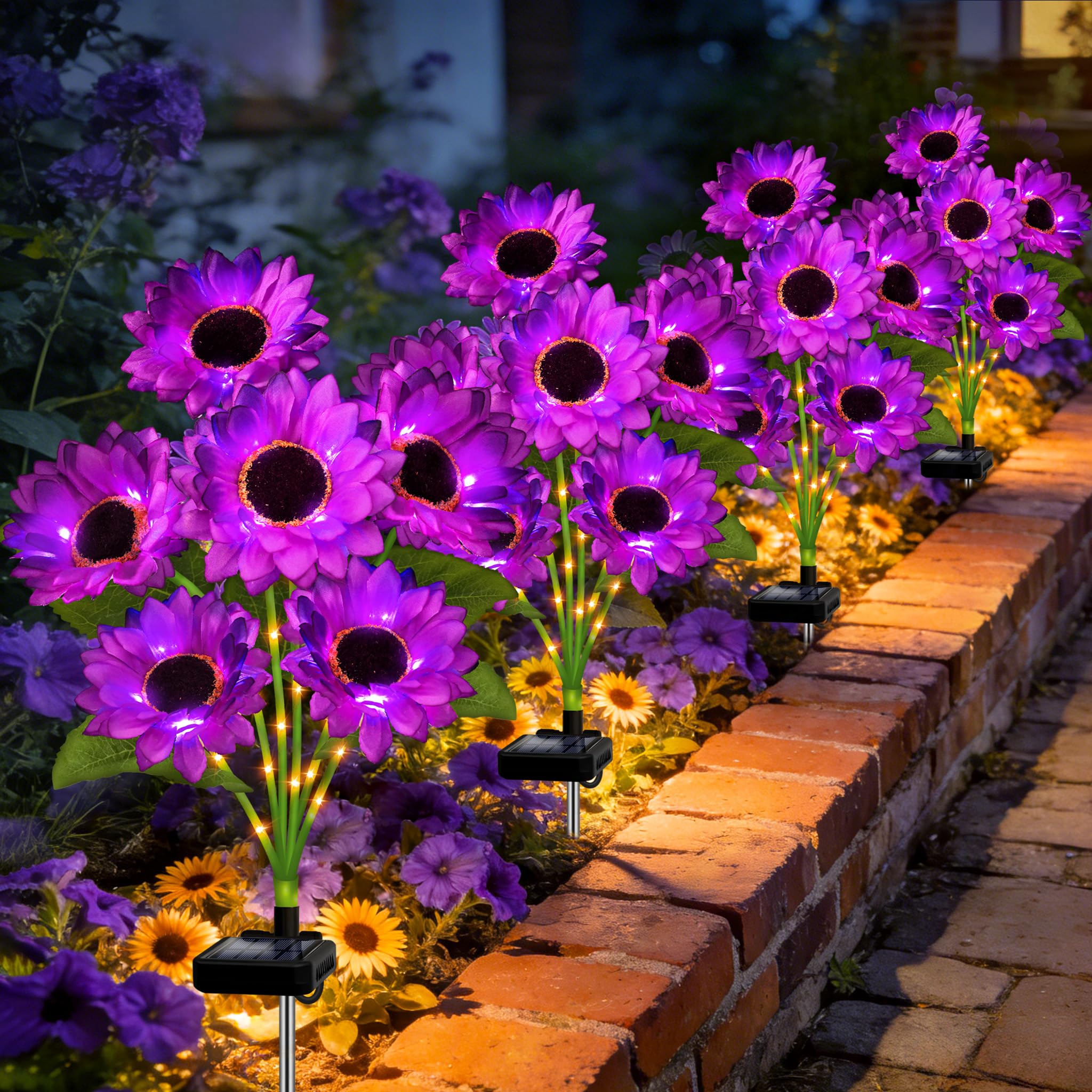 Photo 1 of Solar Sunflower Lights Outdoor Garden Decor, 4 Pack Solar Purple Flowers Lights with 24 Sunflowers, Waterproof Fall Decor Stake Decorative Light Auto ON/Off for Garden Yard Patio, Gift for Women