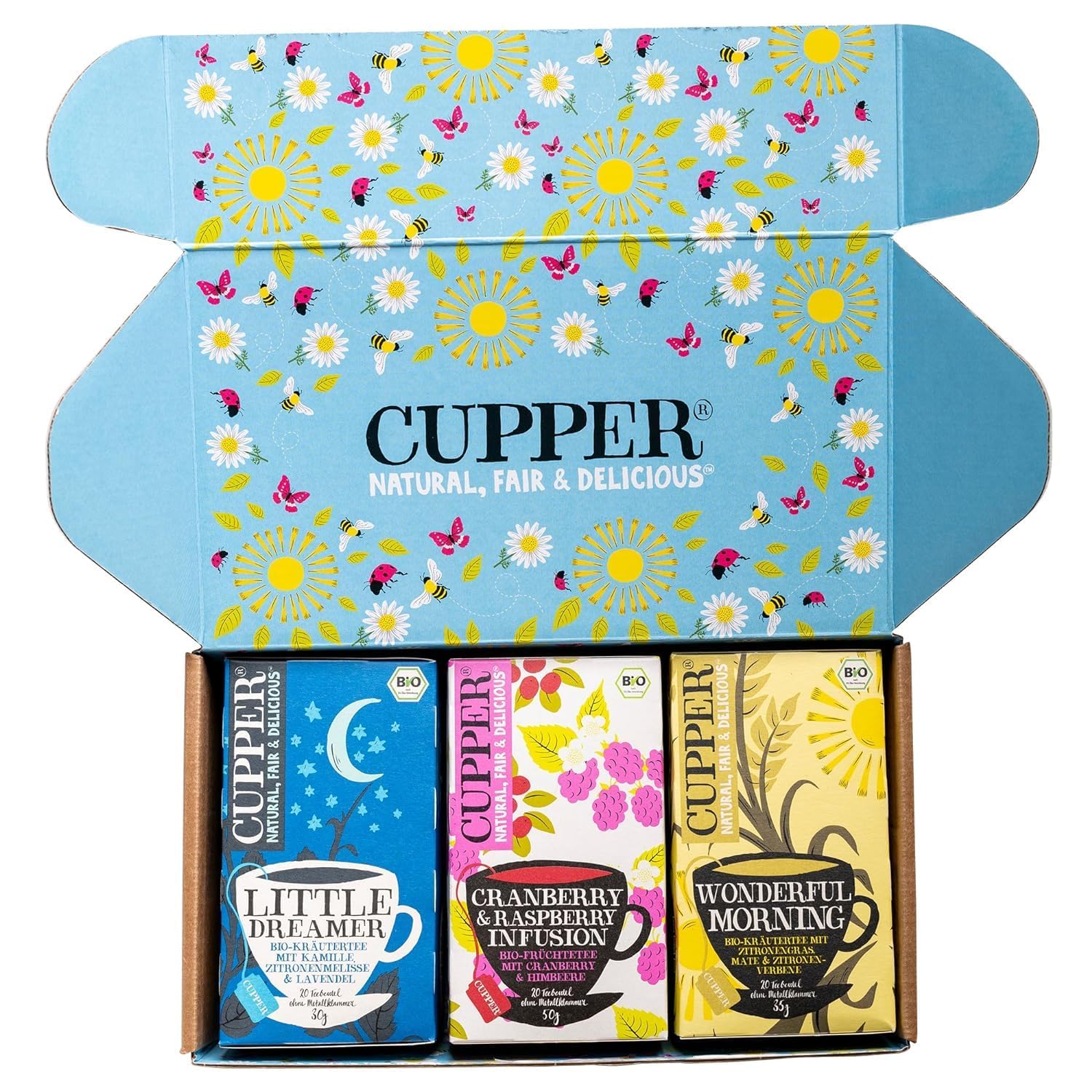 Cupper Bio Tee Set "Day to Night", Tee Geschenkset, Früchtetee, Kräutertee, drei verschiedene Sorten, 60 ungebleichte, plastikfreie Teebeutel, 3er Pack