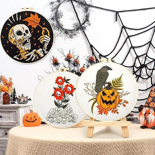 Miniatura 4 de Kit de iniciación de bordado gótico de Halloween para principiantes y adultos, kit de punto de cruz estampado para adultos principiantes, 3 aros de