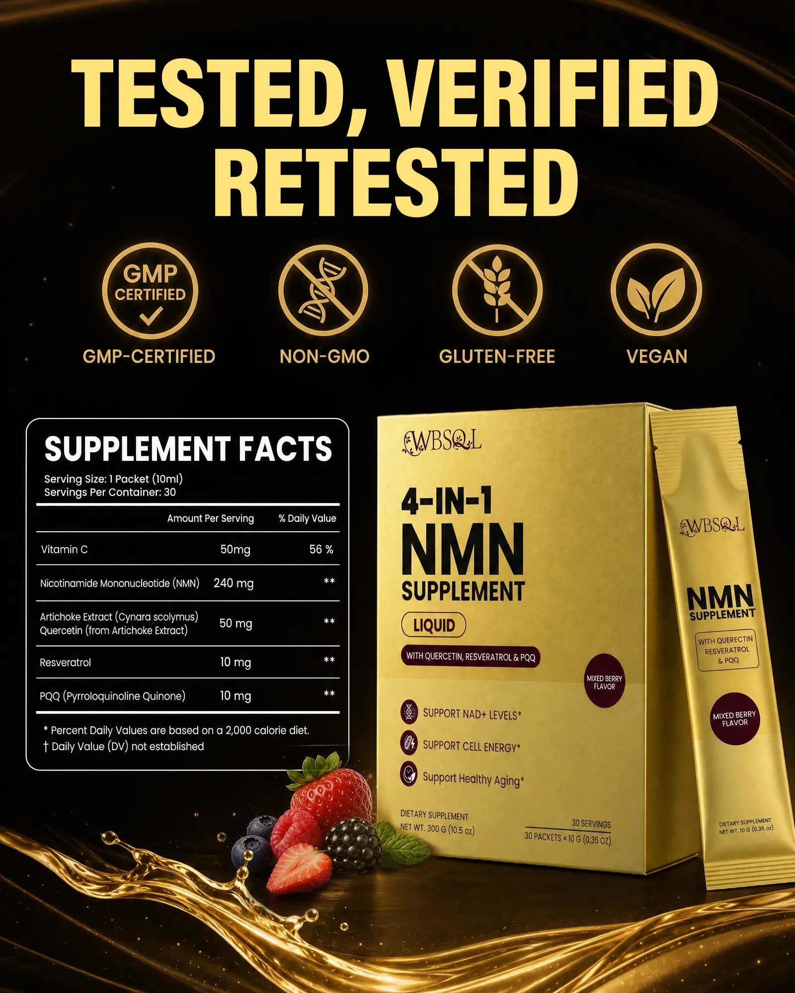 Liquid NMN Supplement, 4-in-1 Liposomal NMN Complex with Resveratrol, Quercetin & PQQ - Supports NAD+ Levels, Cellular Energy & Antioxidant Support - 30 On-the-Go Packets (Mixed Berry Flavor) — Amazon image 5