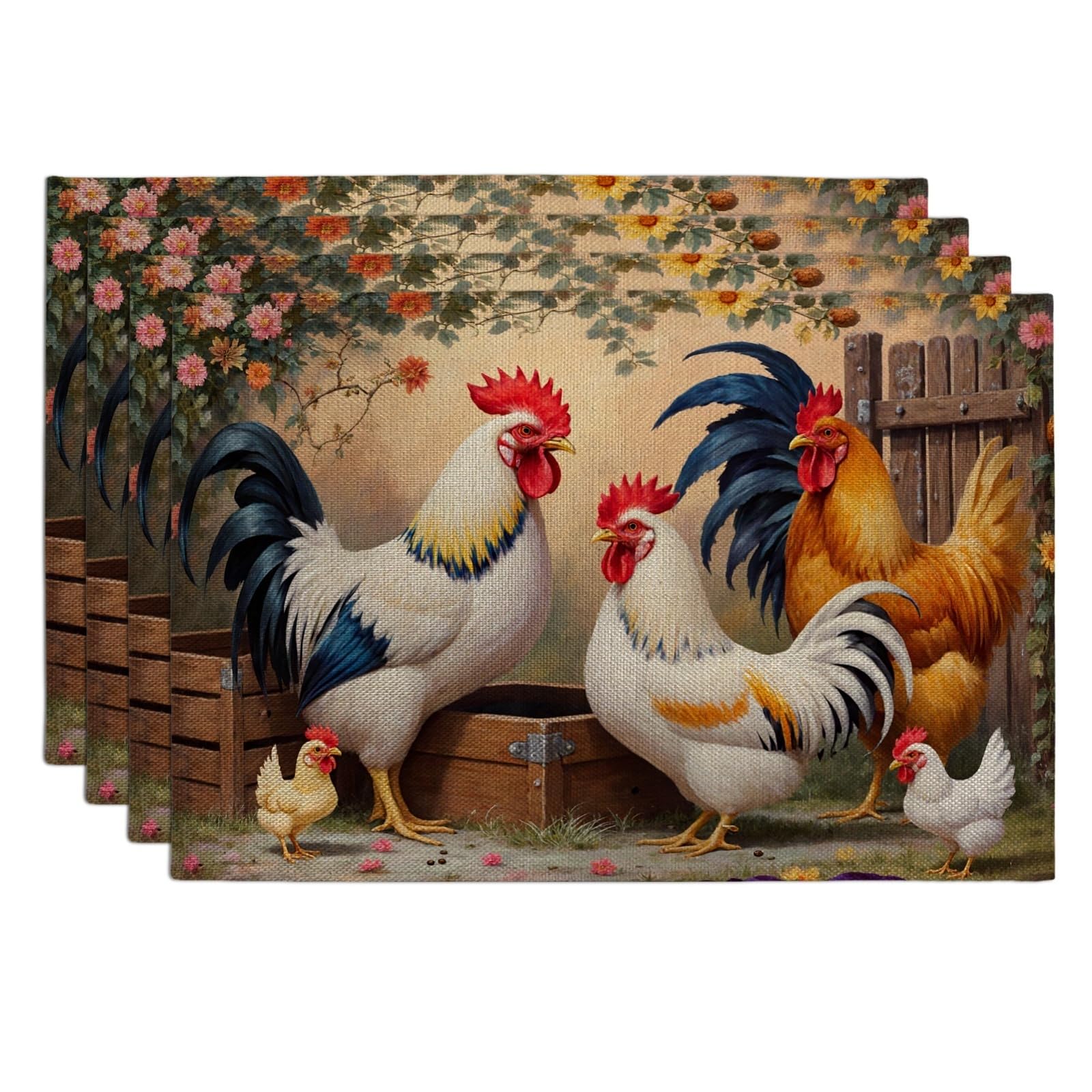 Farmhouse Rooster Placemats, Vintage Country Style Table Mats for Dining, Rustic Spring Decor Non-Slip Washable Indoor Outdoor Kitchen Party Decorative Placemat Set of 4