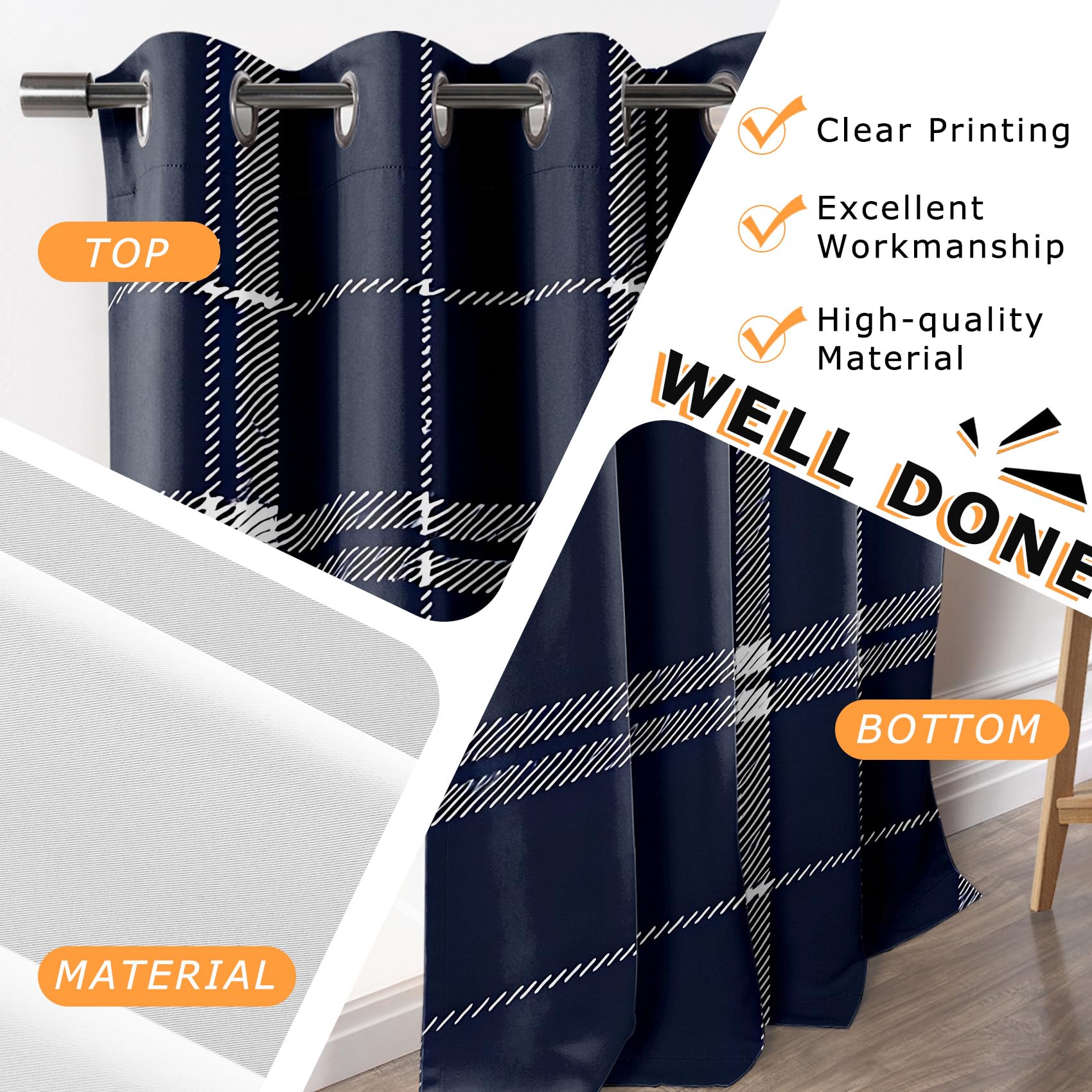 Tende oscuranti a quadri blu navy e nero, 2 pannelli, 116,8 x 137,2 cm, protezione dai raggi UV, con occhielli, tende moderne per camera da letto e soggiorno