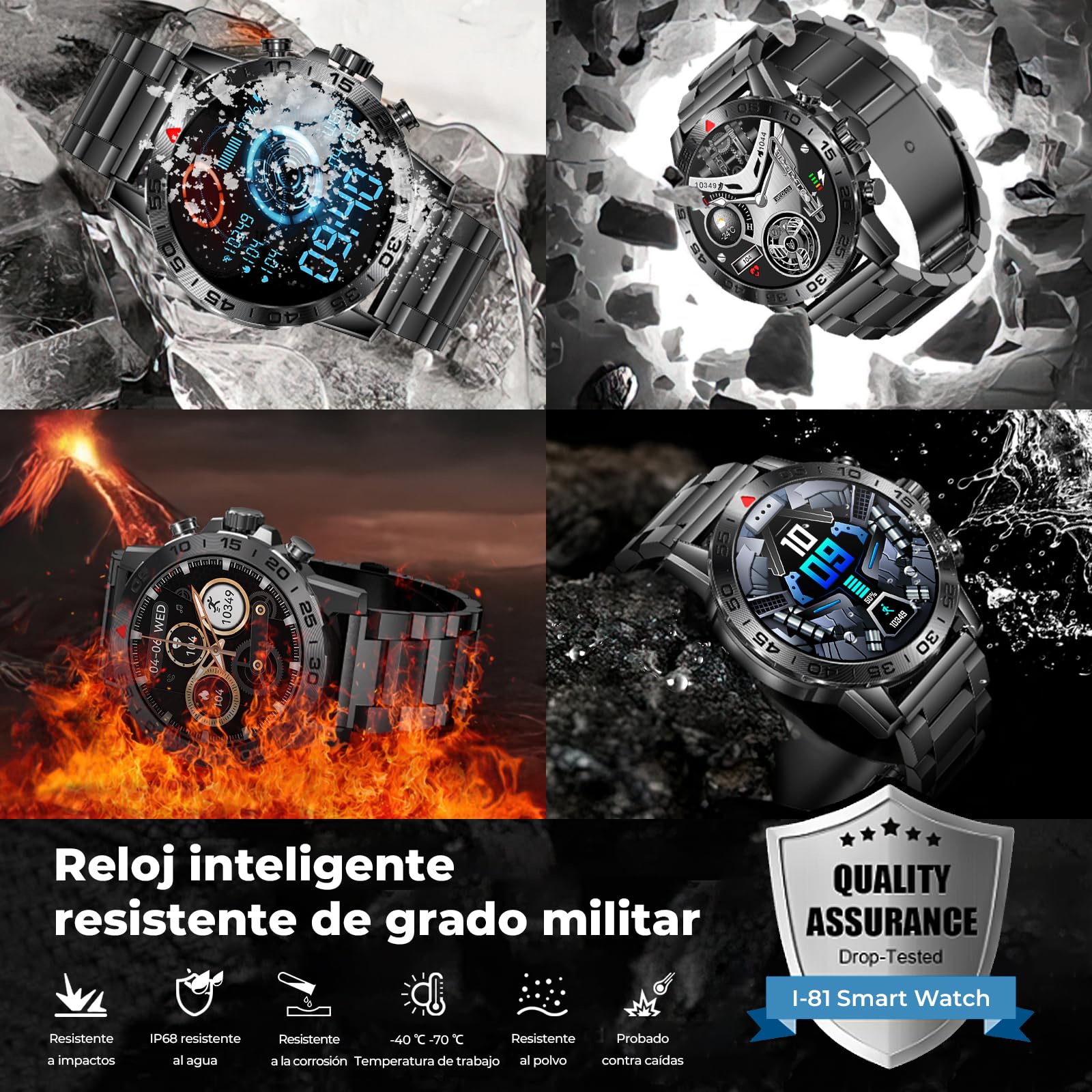 Reloj Inteligente Hombre, 1.39" Smartwatch con Llamada, Pulsómetro/Podómetro/SpO2/Monitor Sueño,100+ Modos Deportes,P68 Impermeable Militar Smart Watch Acero Correa Pulsera Actividad para Android iOS