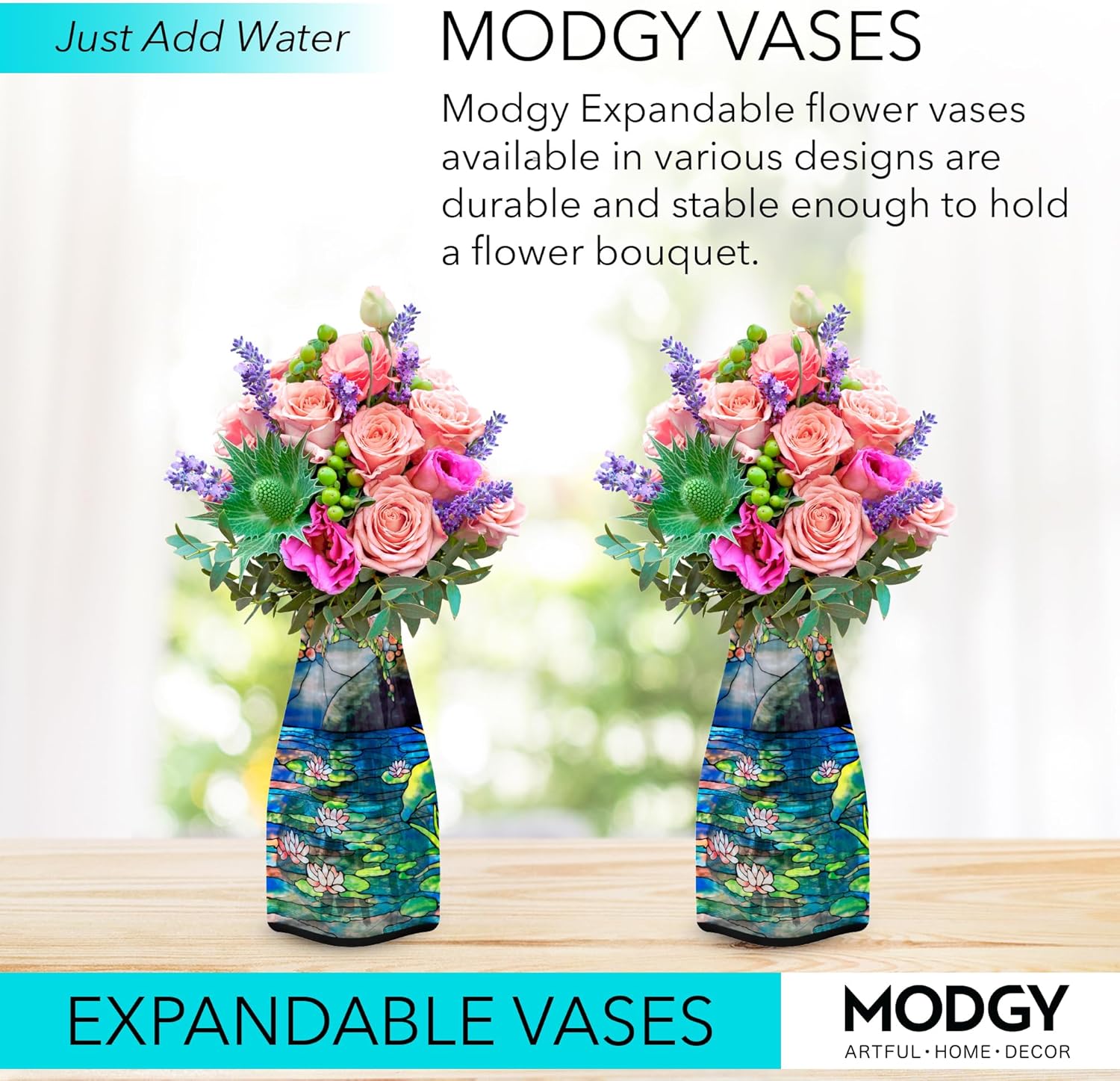 MODGY Collapsible and Expandable Flower Vase Plastic Decorative Modern Vases for Flowers Centerpieces Dining Table Decor Living Room, Louis C. Tiffany Mellon House Waterlilies