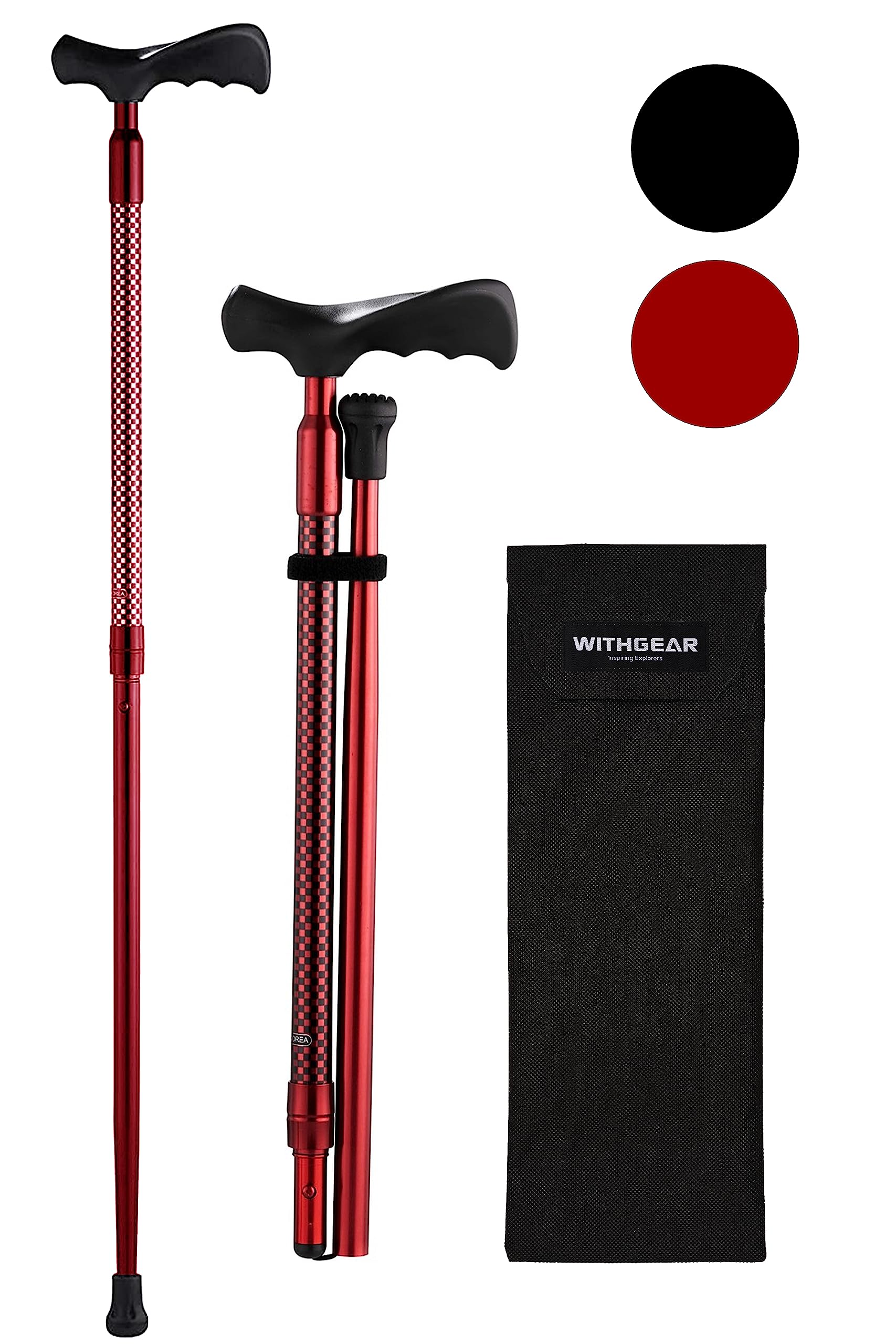 WITHGEAR Ergo Walking Cane for Men & Women - Adjustable Foldable Walking Stick (Right-Handed Black Cane)