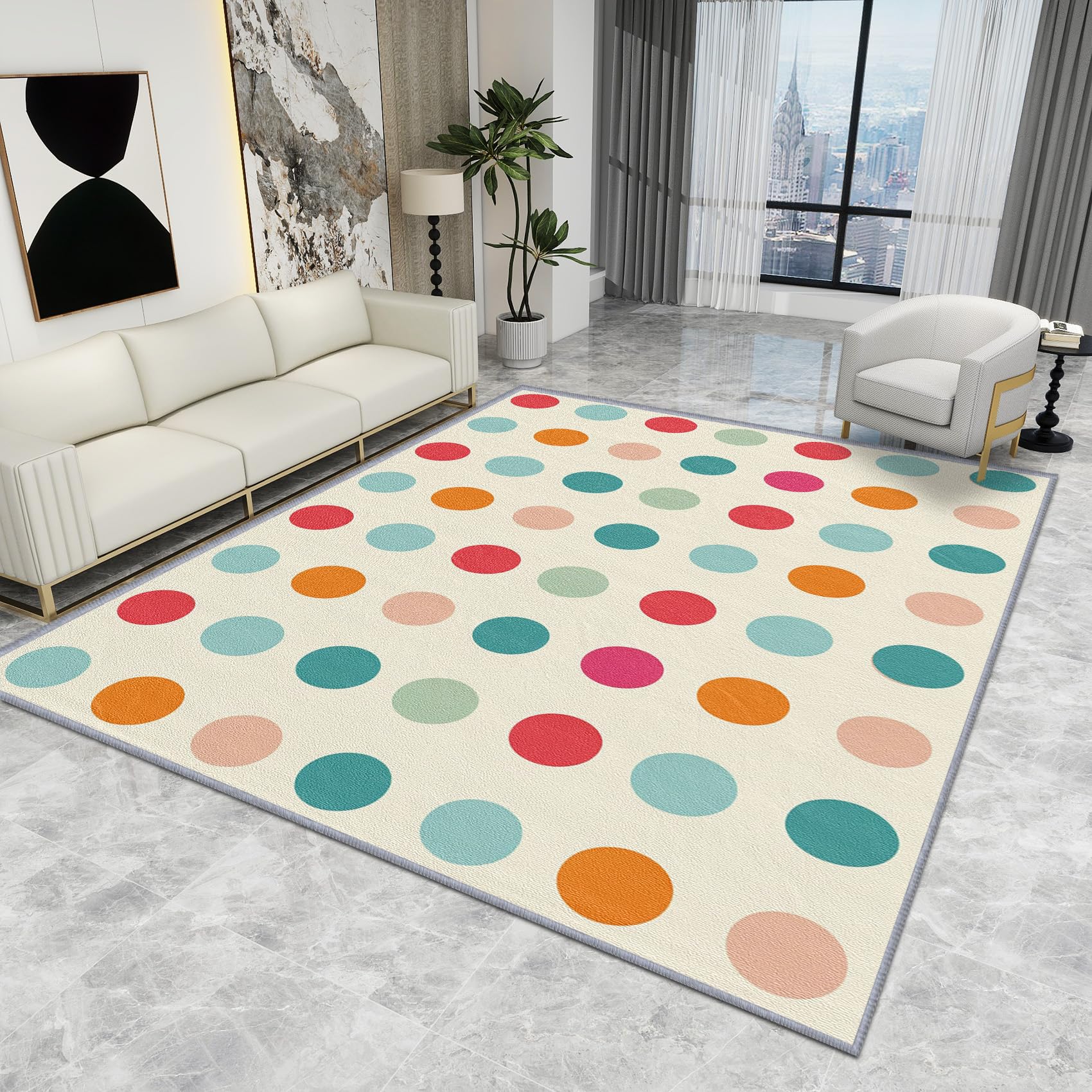 Polka Dot Rug for Kids - Colourful Geometric Minimalist Rugs, Girls Playroom Nursery Carpet, Washable Non Slip Low Pile Large Area Rug, Home Decor Gifts, 80 X 150 cm