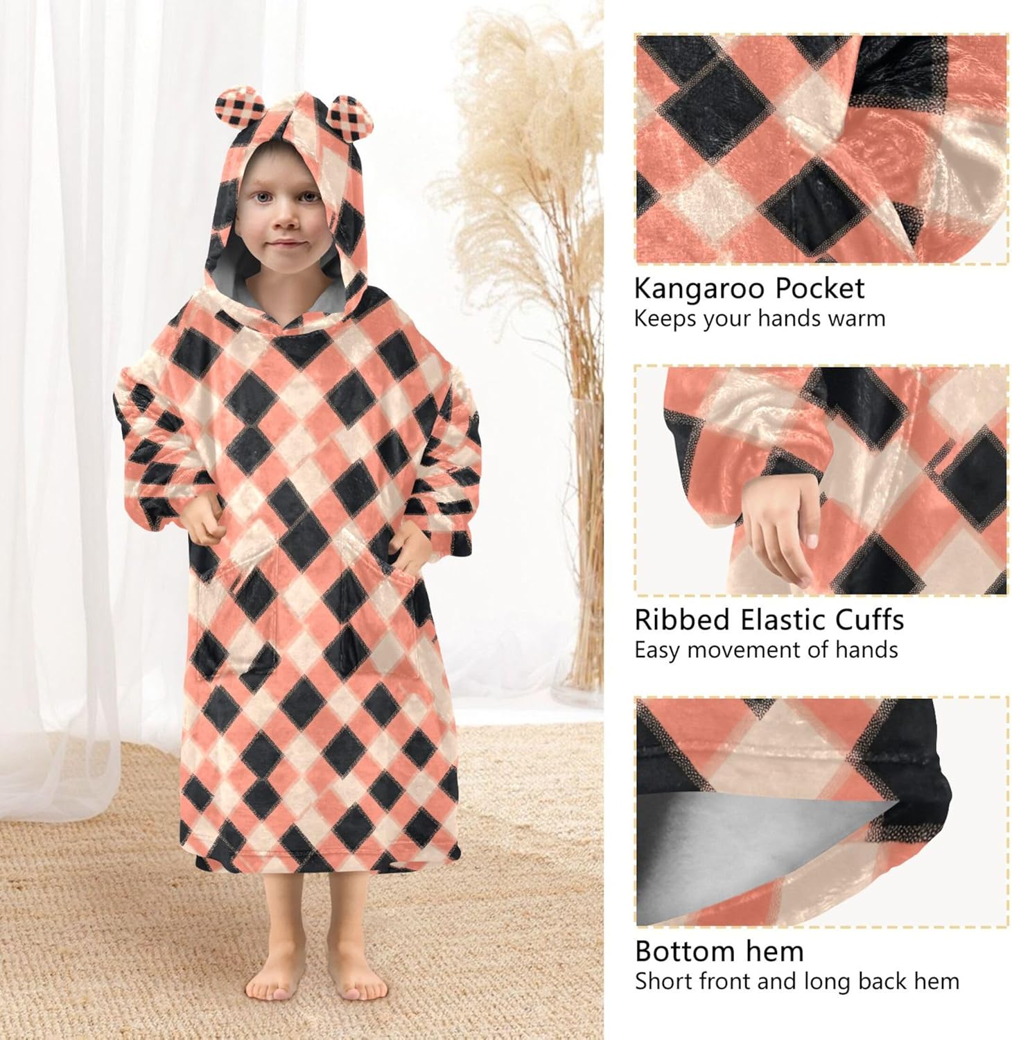 Orange Buffalo Check Plaid Kids Wearable Blanket Hoodie with Pocket and Sleeves for Toddlers, Cute Hoodies Girls Boys