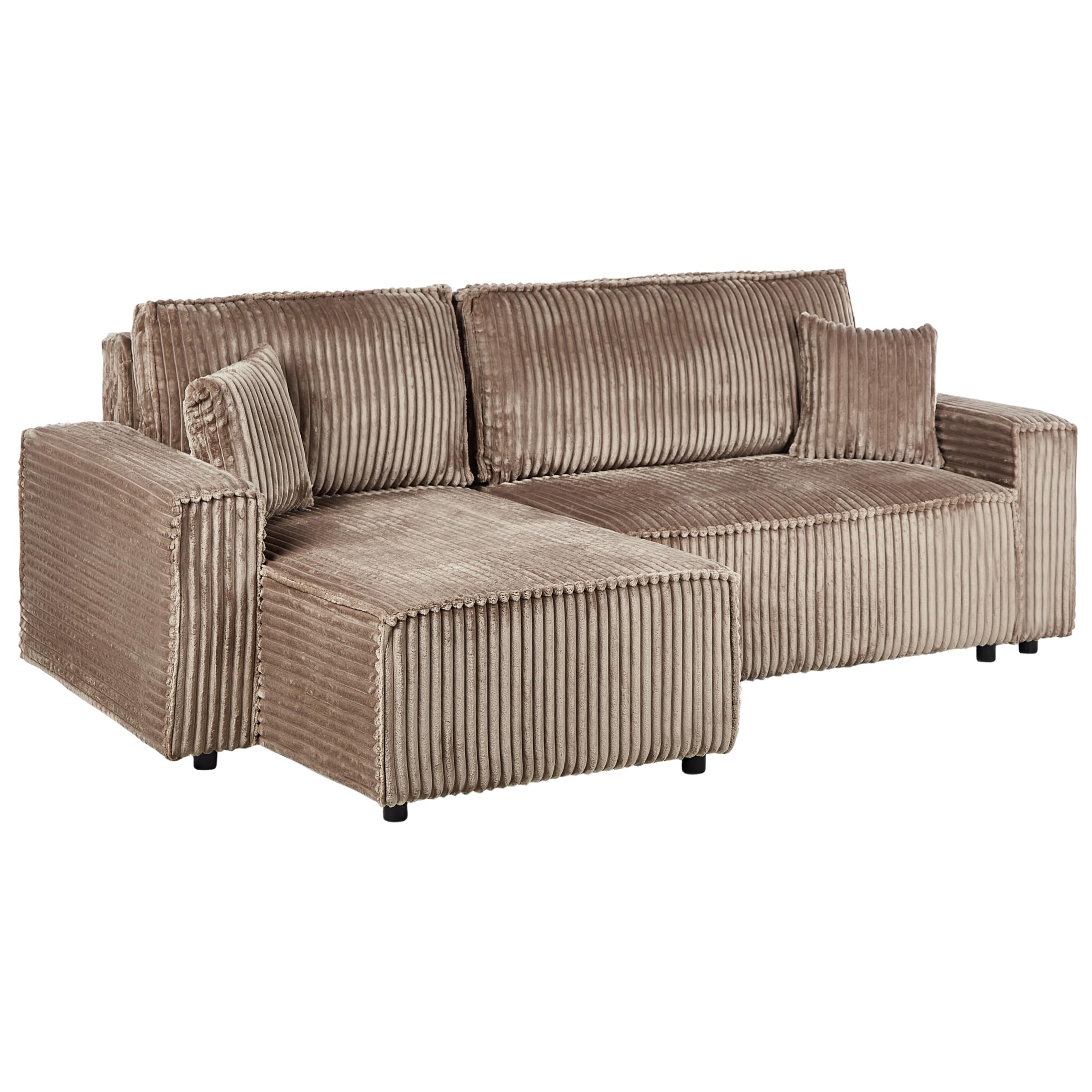 Sofa narożna prawostronna narożnik rozkładany z funkcją spania sztruksowa z poduchami kanapa przyjazna zwierzętom jasnobrązowa Abacka