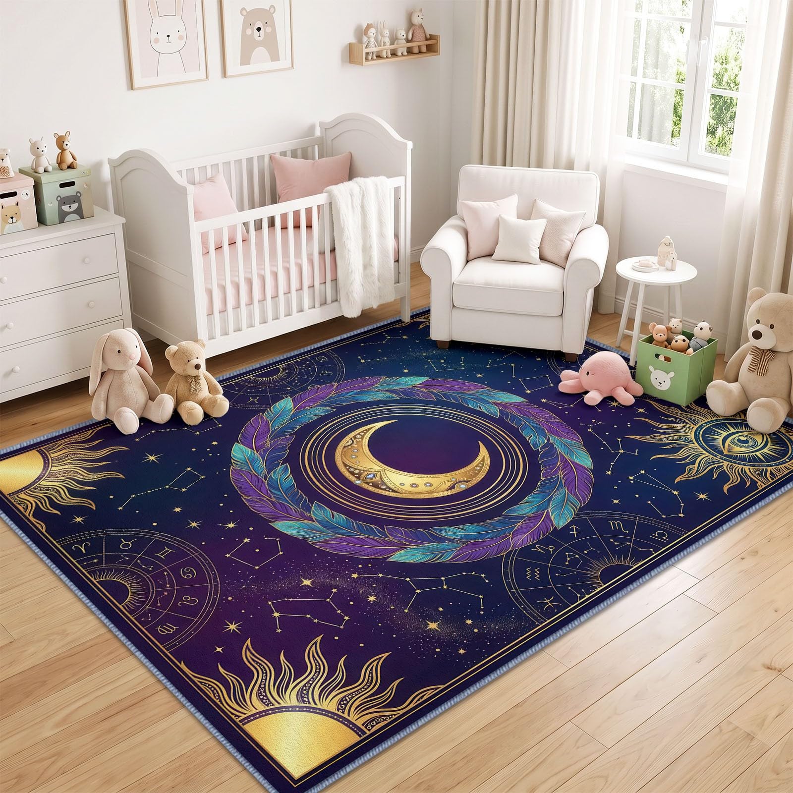 Générique Bohème Mystère Astrologie Tapis de Salon Lavable en Machine 200 x 300 cm Tapis antidérapant, Moquette Soleil Or Lune Plume Violette pour Le Salon, l'entrée, la Chambre et la Cuisine