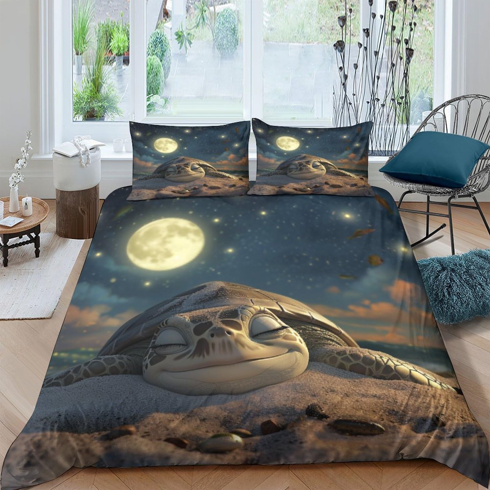 Housse de couette tortue de mer 200x200 cm avec 2 taies d'oreiller pour lit double