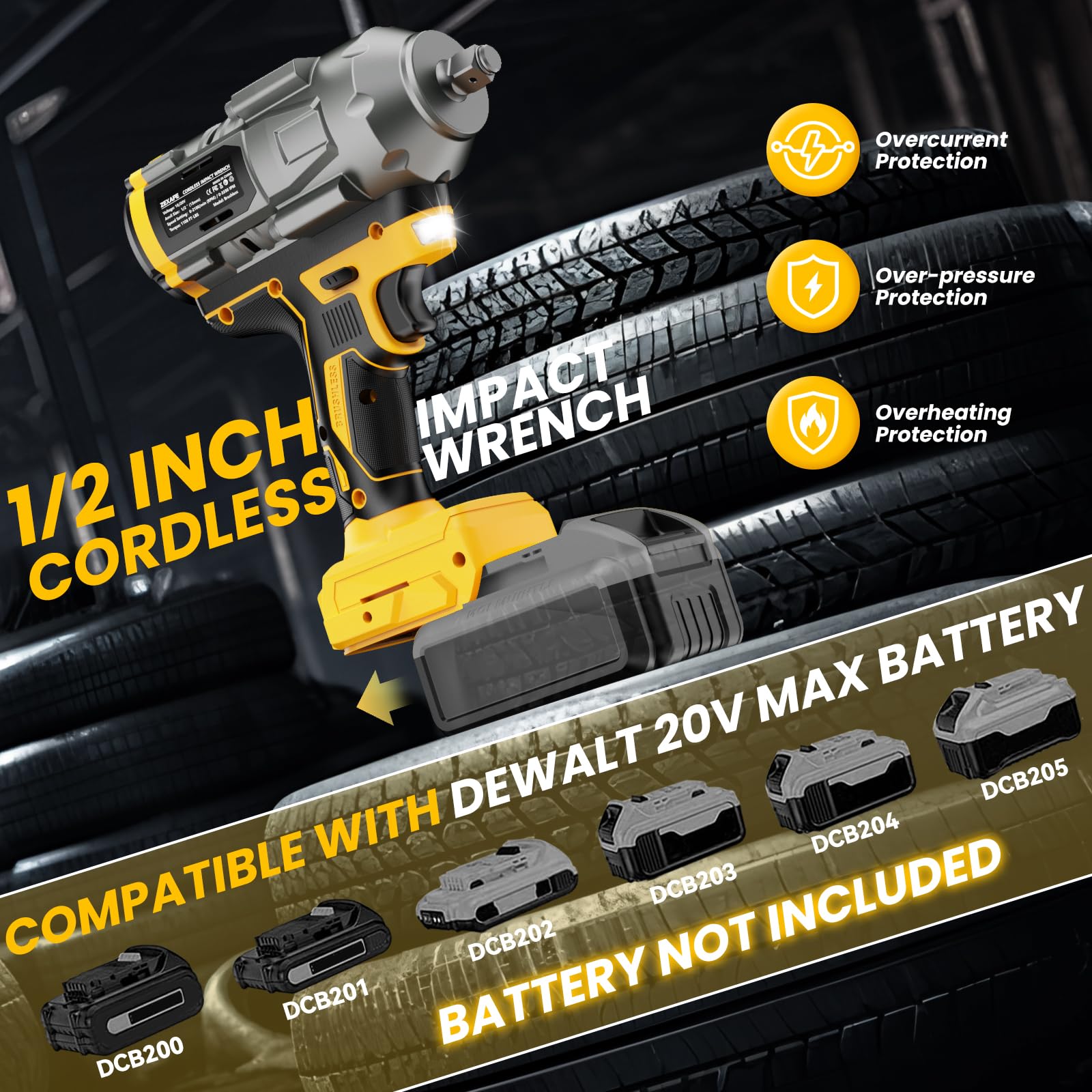 Akumulatorowa wkrętarka udarowa 1/2" do DeWalt 20 V, wkrętarka udarowa 950 lb, bezszczotkowy elektryczny klucz udarowy, wkrętarka udarowa z