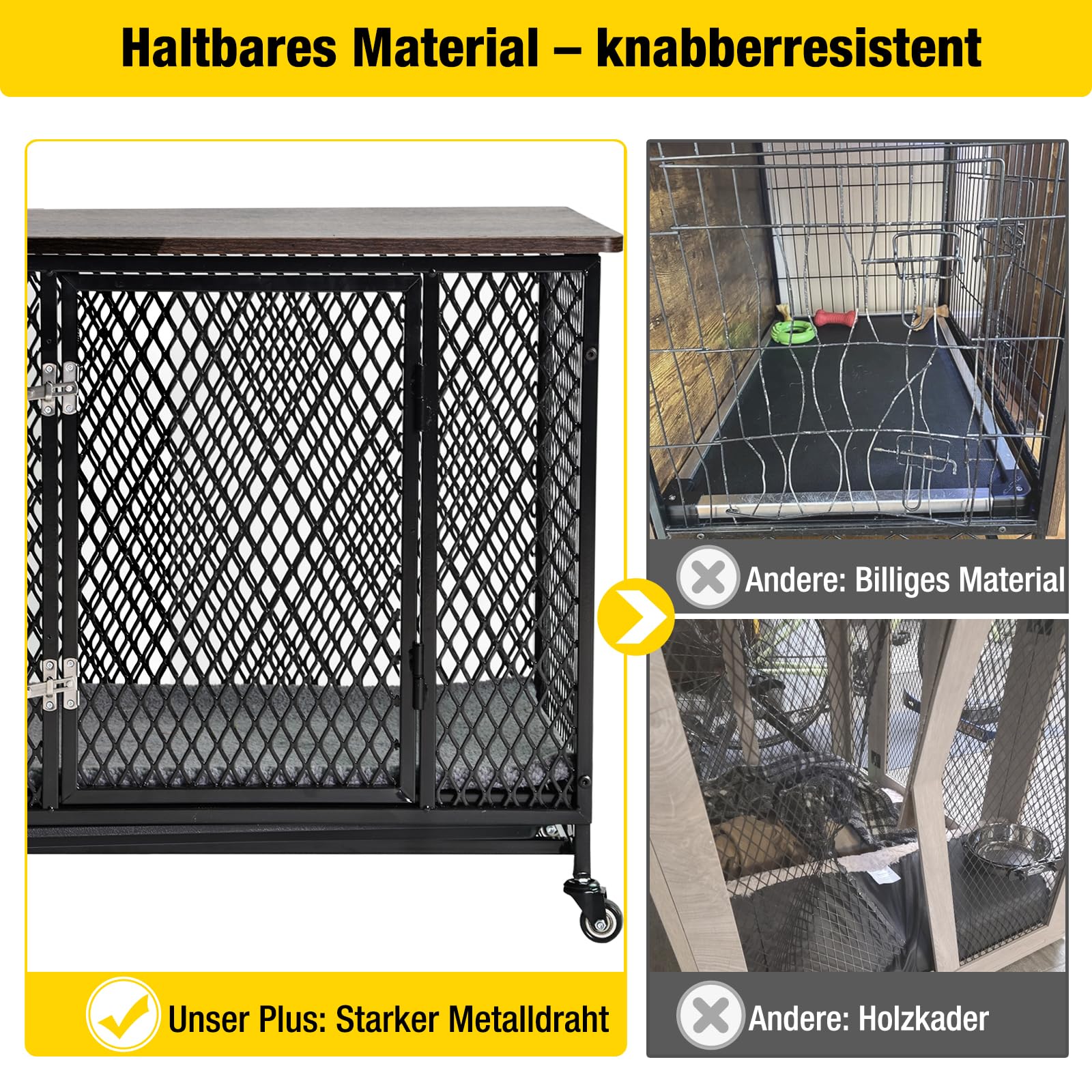 Aivituvin Hundekäfig Möbel, große Bewegliche hundebox für zuhause, Indoor Hundekennel für kleine, mittlere und große Hunde, Holzhundehaus mit Kissen, Ablagetrog und Drahtboden (schwarz, XL)