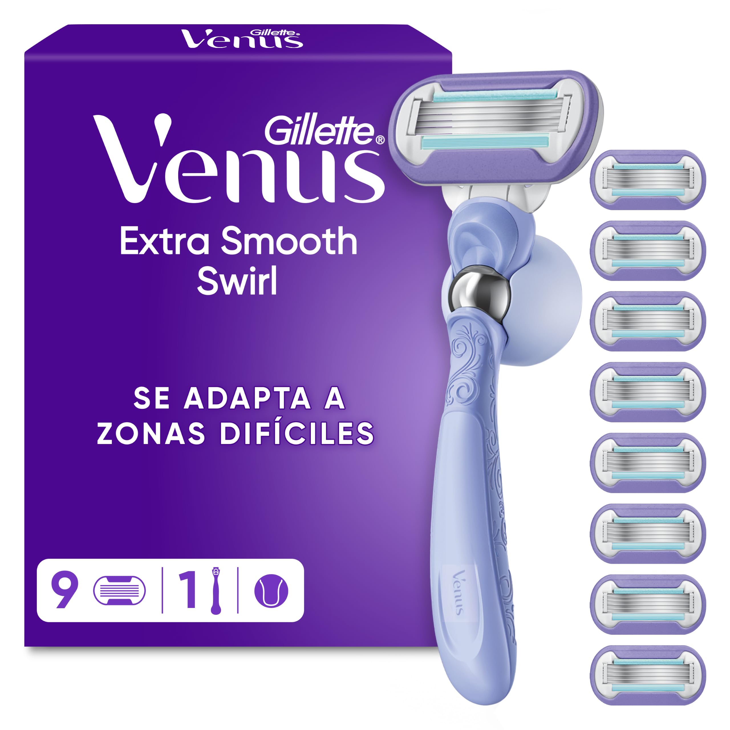 Gillette Venus Deluxe Smooth Swirl Máquinilla de Afeitar Mujer, 1 Mango con 9 Cuchillas de Recambio con 5 Hojas para Una Depilación Suave, Apurada Y Duradera