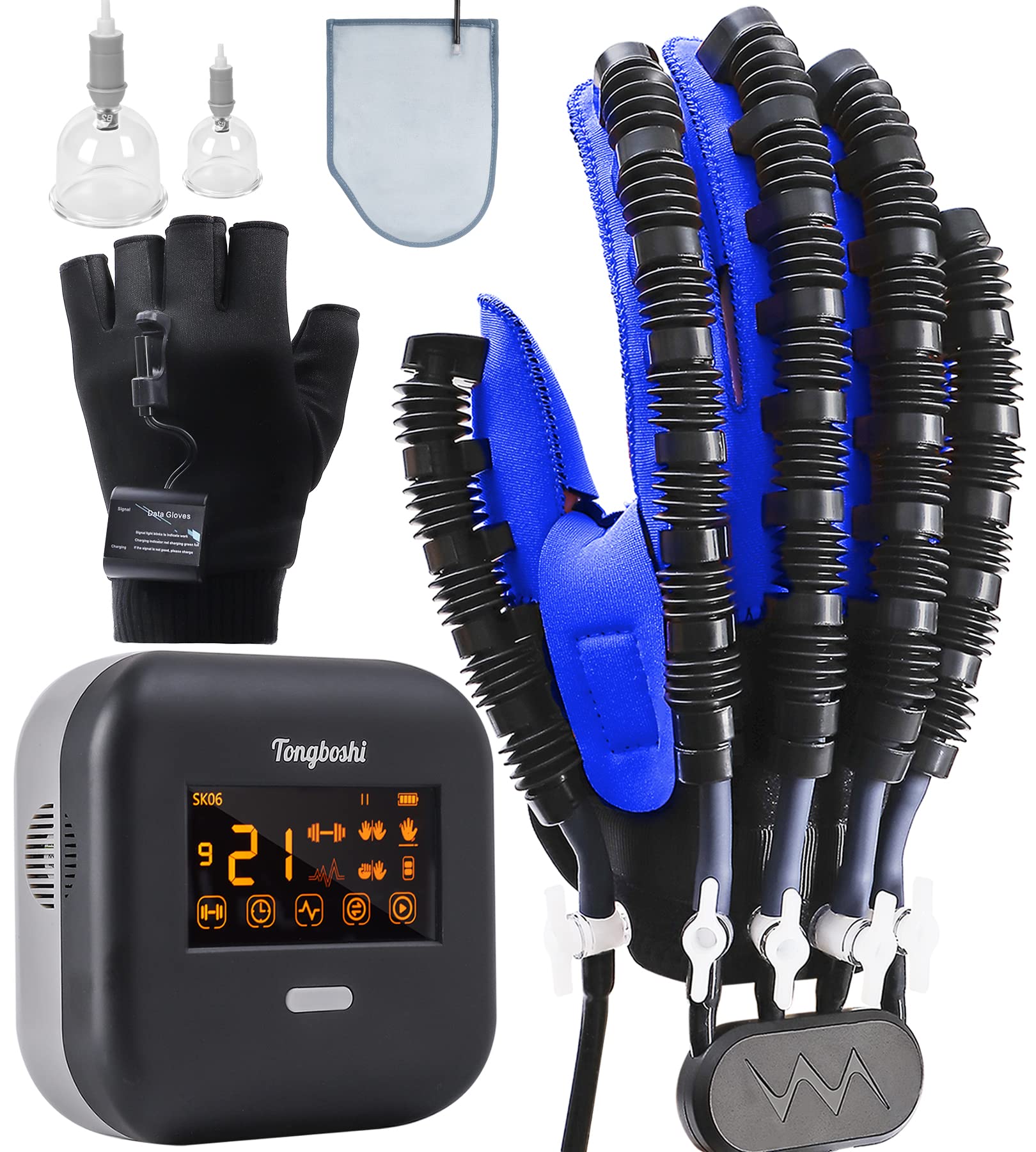 Multifunction Rehabilitation Robot Gloves Upgrades Finger Rehabilitation Gloves Chargeable with 4 Workout Modes,LCD Screen,Stroke Recovery Equipment for Hand-Blue（Right Hand-XXL）