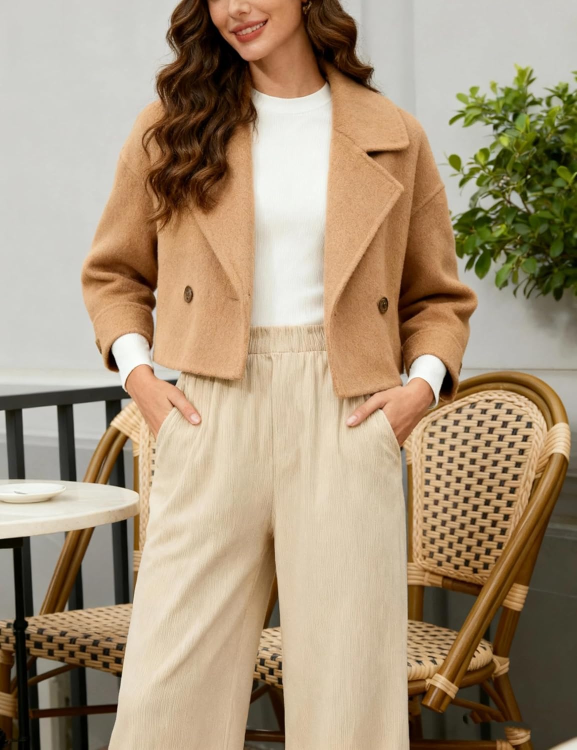 Omoone Womens Corduroy Pants Wide Leg Ruffled Hem Elastic Waist Lounge Cord Pants with Pockets - Image 6