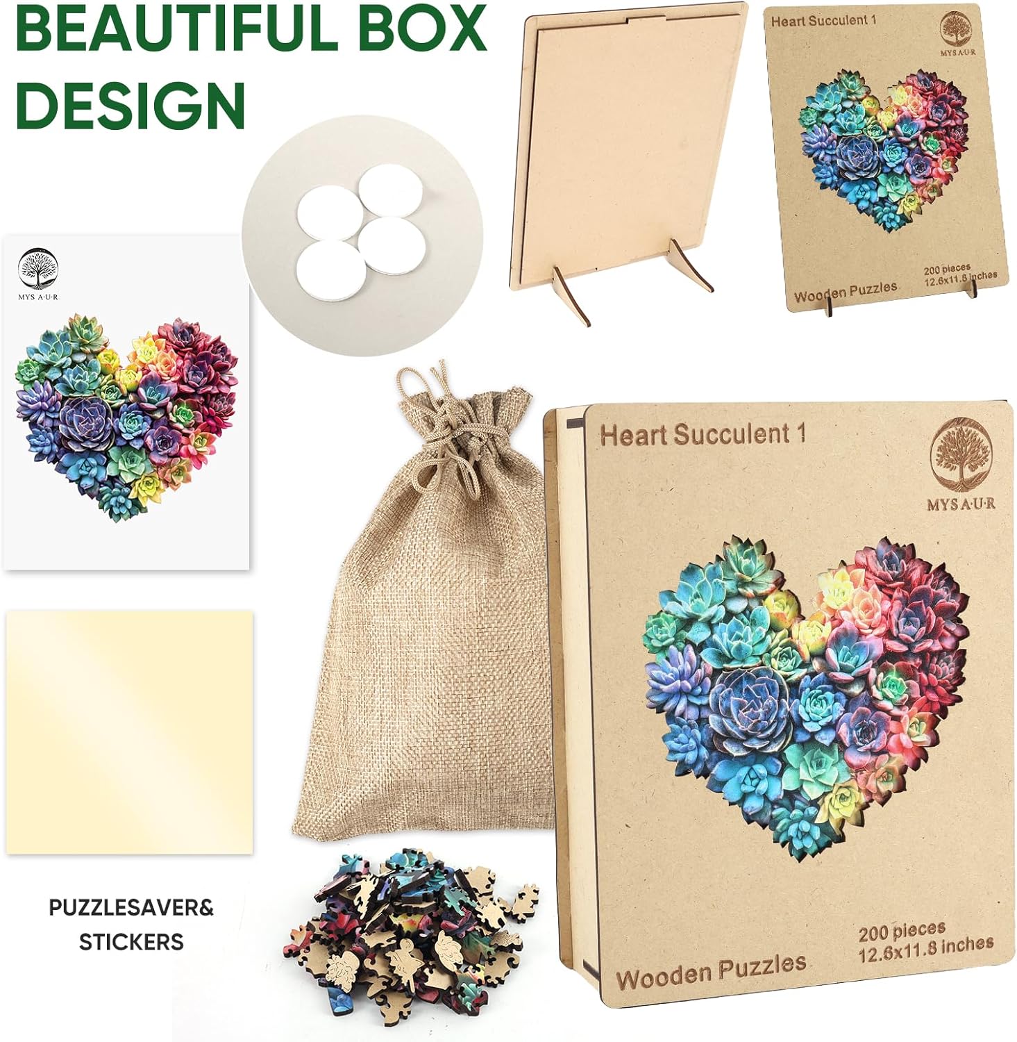 MYS A·U·R Heart Succulent Puzzles for Adults 200 Pieces, 5MM Thick Unique Shaped Flower Jigsaw Puzzles Birthday Gifts for Kids Family Game 11.8 * 12.6inch