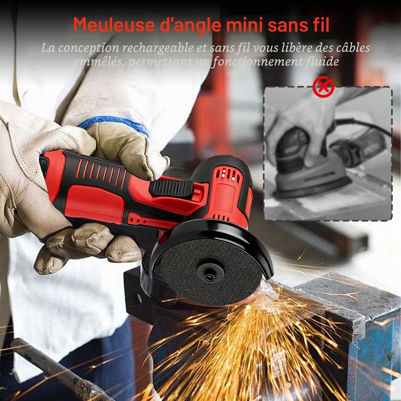 Mini meuleuse d'angle avec 2 batteries de 1200 mAh, meuleuse d'angle professionnelle sans fil, meuleuse d'angle avec 6 disques à tronçonner, pour couper, polir, poncer et dérouiller