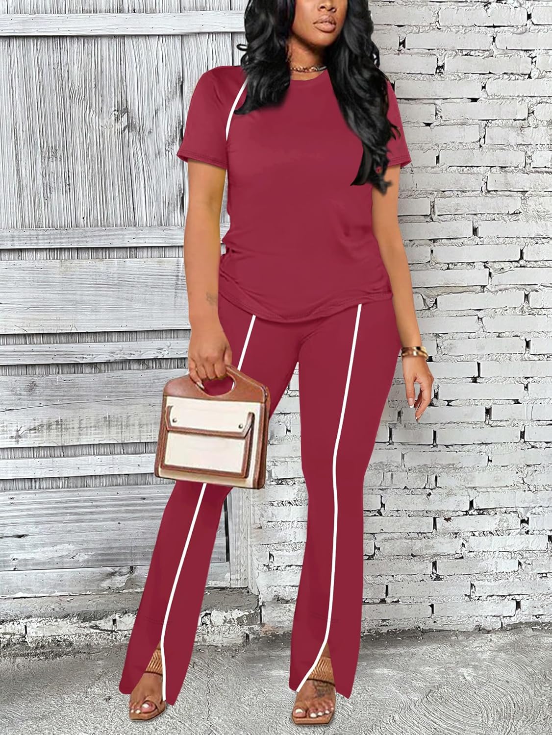 STOLKISS Women 2 Piece Outfits Summer Workout Sweatsuit Striped Short Sleeve Long Flare Pants Casual Vacation Tracksuit