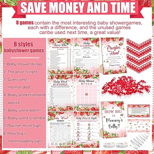 Miniatura 4 de Sherr 424 piezas de suministros para juegos de baby shower de fresa, 6 juegos de 300 tarjetas de actividades, 1 señal de búsqueda de chupete, 50
