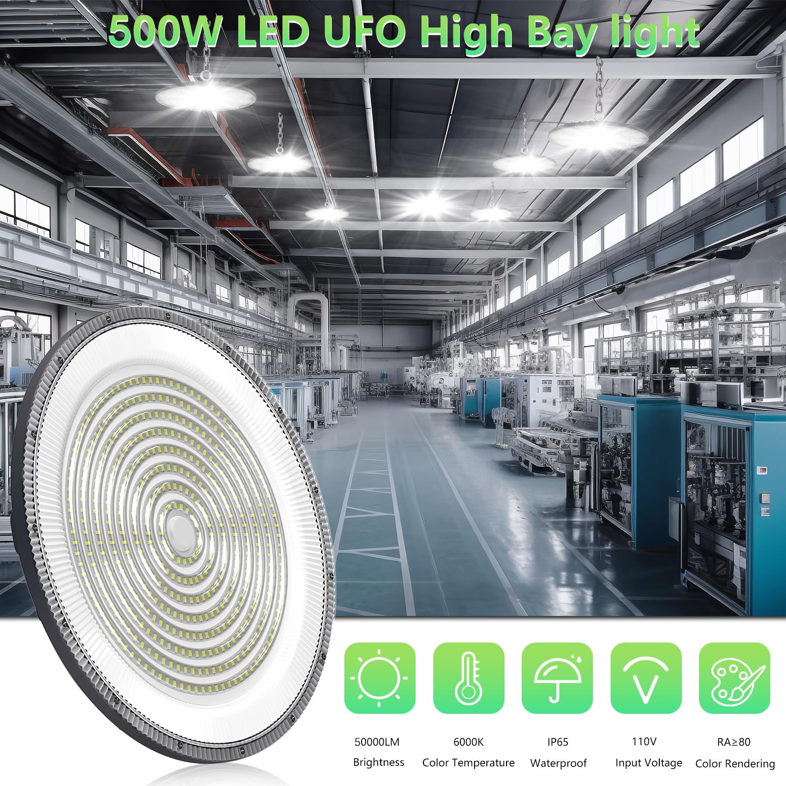 UFO LED High Bay Light 500W 50000LM LED Shop Light Without Plug 6000-6500K Daylight Bay Lighting IP65 Waterproof — view 6