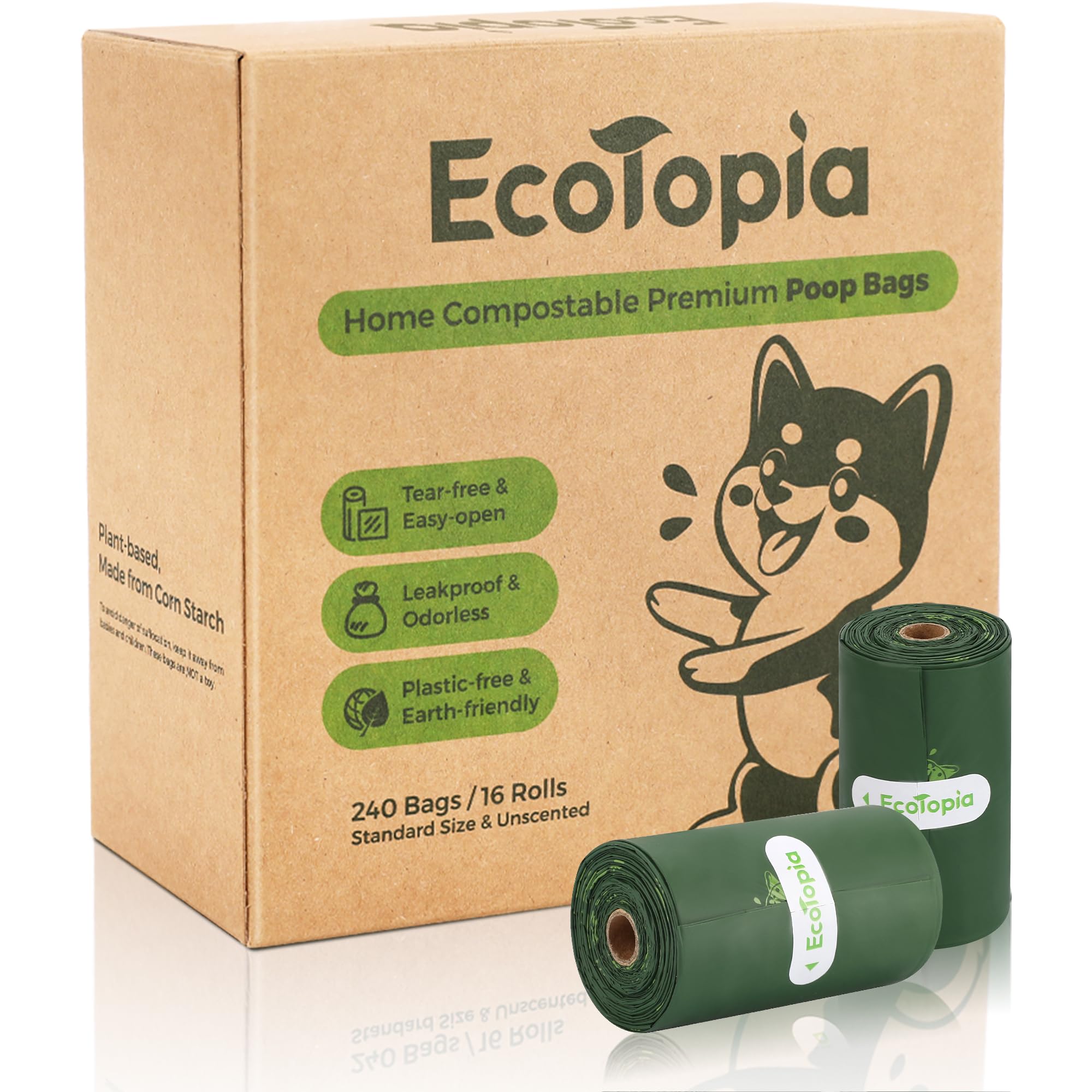 Tear-Free Biodegradable Poop Bags for Dogs,240 Compostable Dog Waste Bags Rolls,Eco-Friendly,Extra Thick,Leakproof,Unscented,Plant-based,ASTM D6400 & EN 13432 Compliant,Dark Green