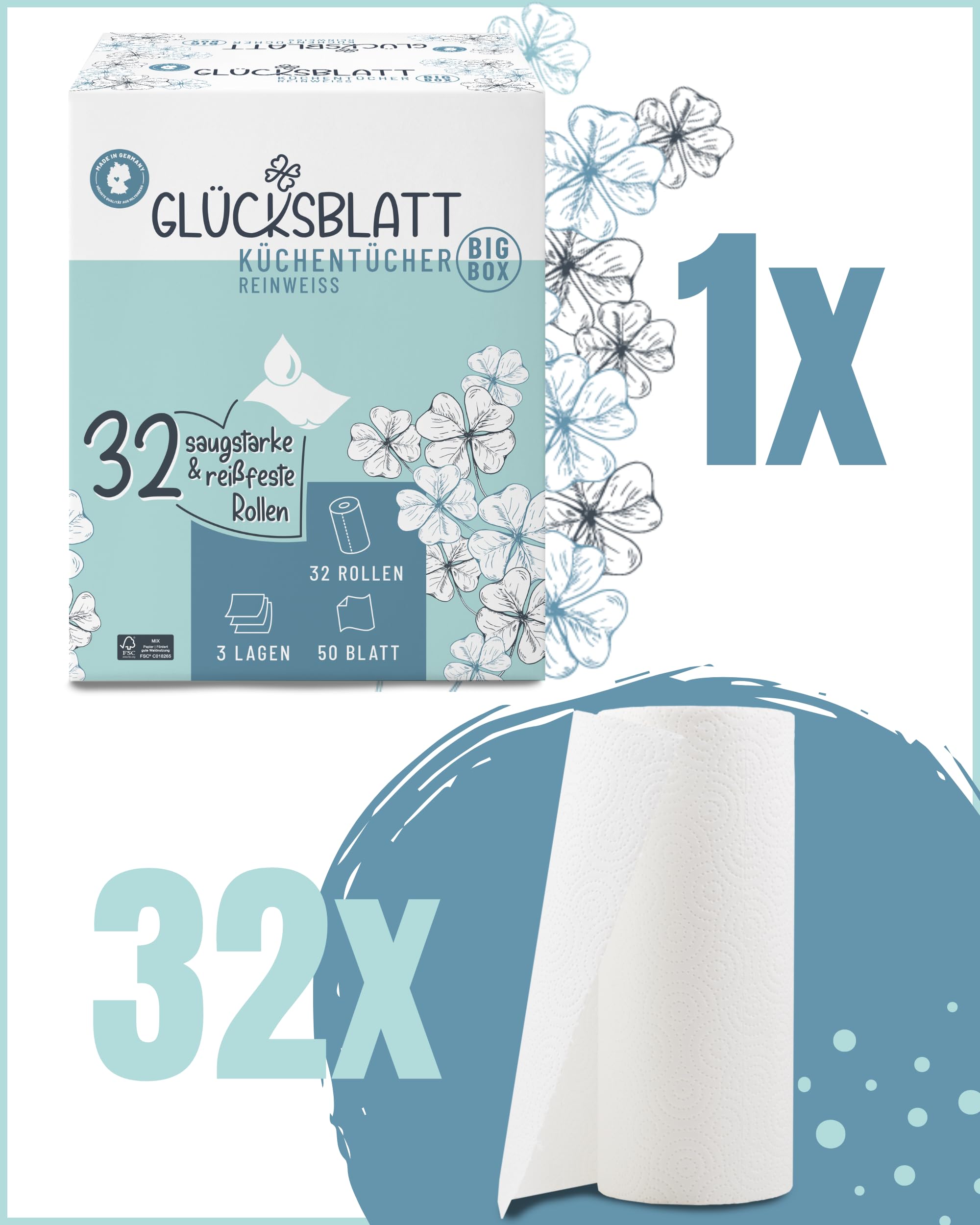 Glücksblatt Küchentücher, 32 Rollen á 50 Blatt, 3-lagige Küchenrollen Großpackung, plastikfrei, Zellstoff, Haushaltsrollen, Allzwecktücher, Papiertücher, Papierhandtücher, Küchenpapier | Saugstarkes Küchenpapier aus Frischzellstoff, 50 Blatt, extrem reißf