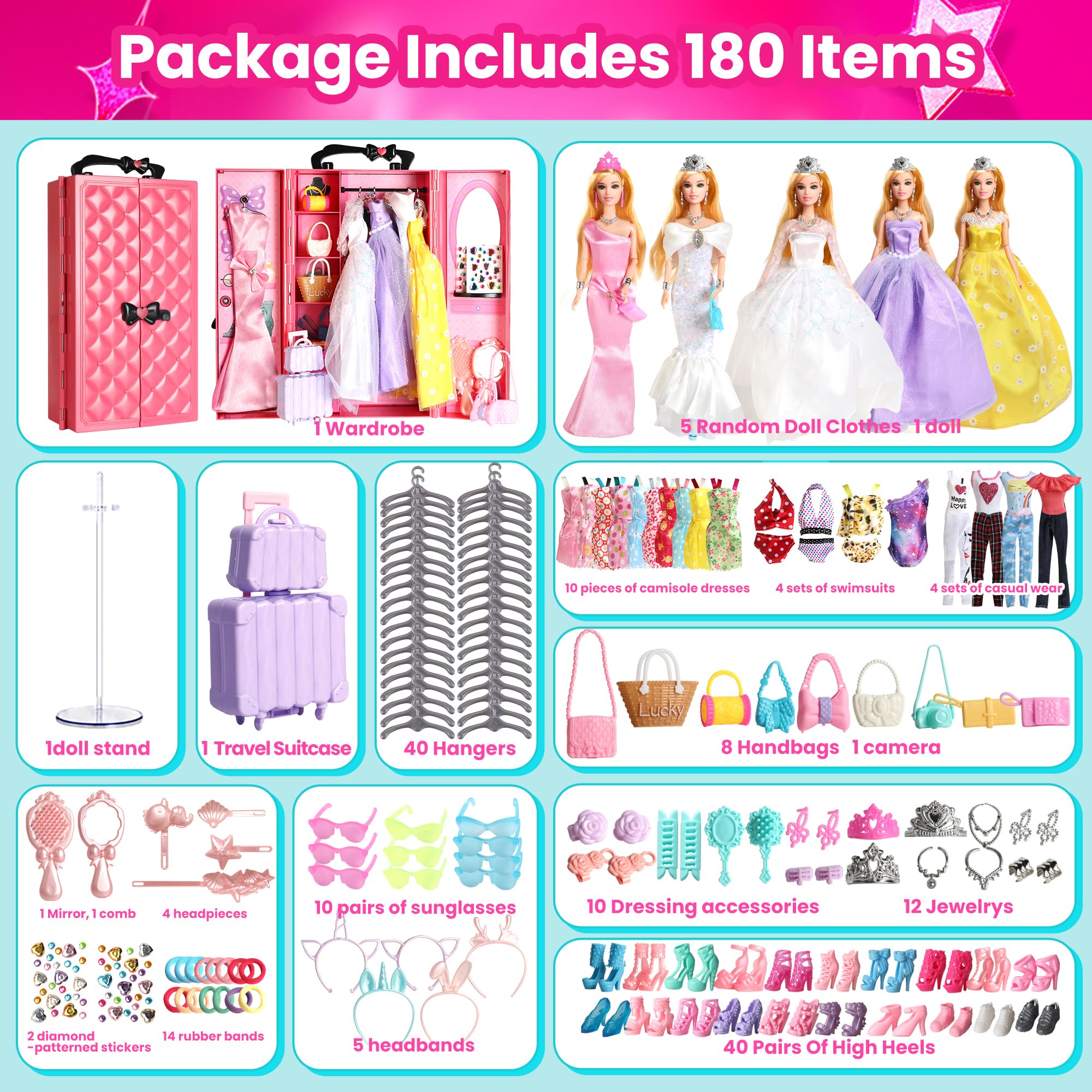 UCanaan Juego de 180 piezas de ropa y accesorios para muñecas, vestidos de princesa, vestidos, tops, pantalones, zapatos, perchas, armario de muñeca de moda, a partir de 3 años, los mejores Gitfs para