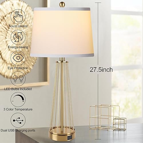 Miniatura 2 de WIHTU Juego de 2 lámparas de mesa, lámparas de noche regulables de 3 vías con puertos de carga USB duales, modernas lámparas de mesa de noche