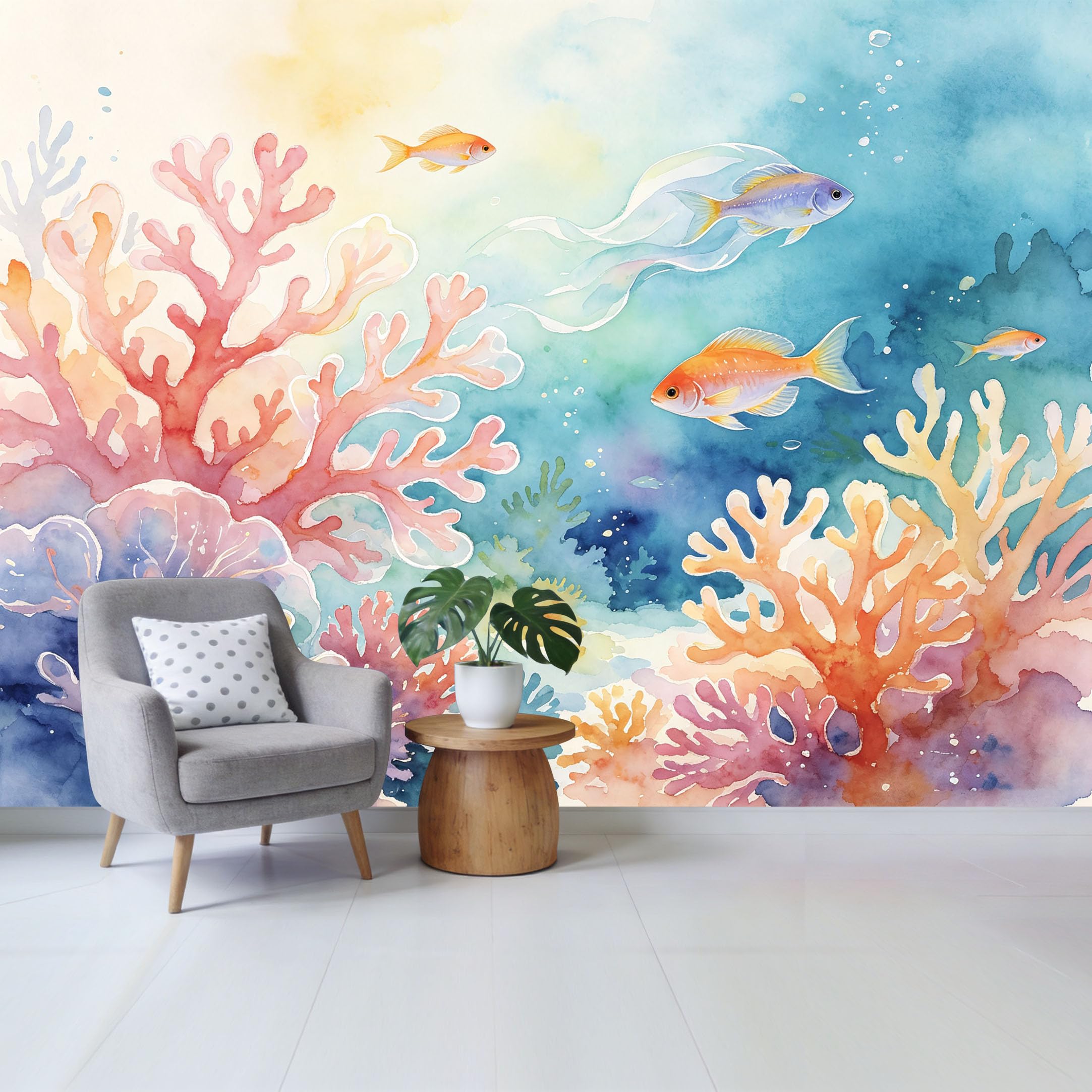 Qzlithotic Yq2605250254 Custom Size Wall Mural Watercolor Tropical Ocean Marine Coral Reef With Exotic Fish Selfadhesive Wall Fabric Removable Wallpaper For Home Office Decor
