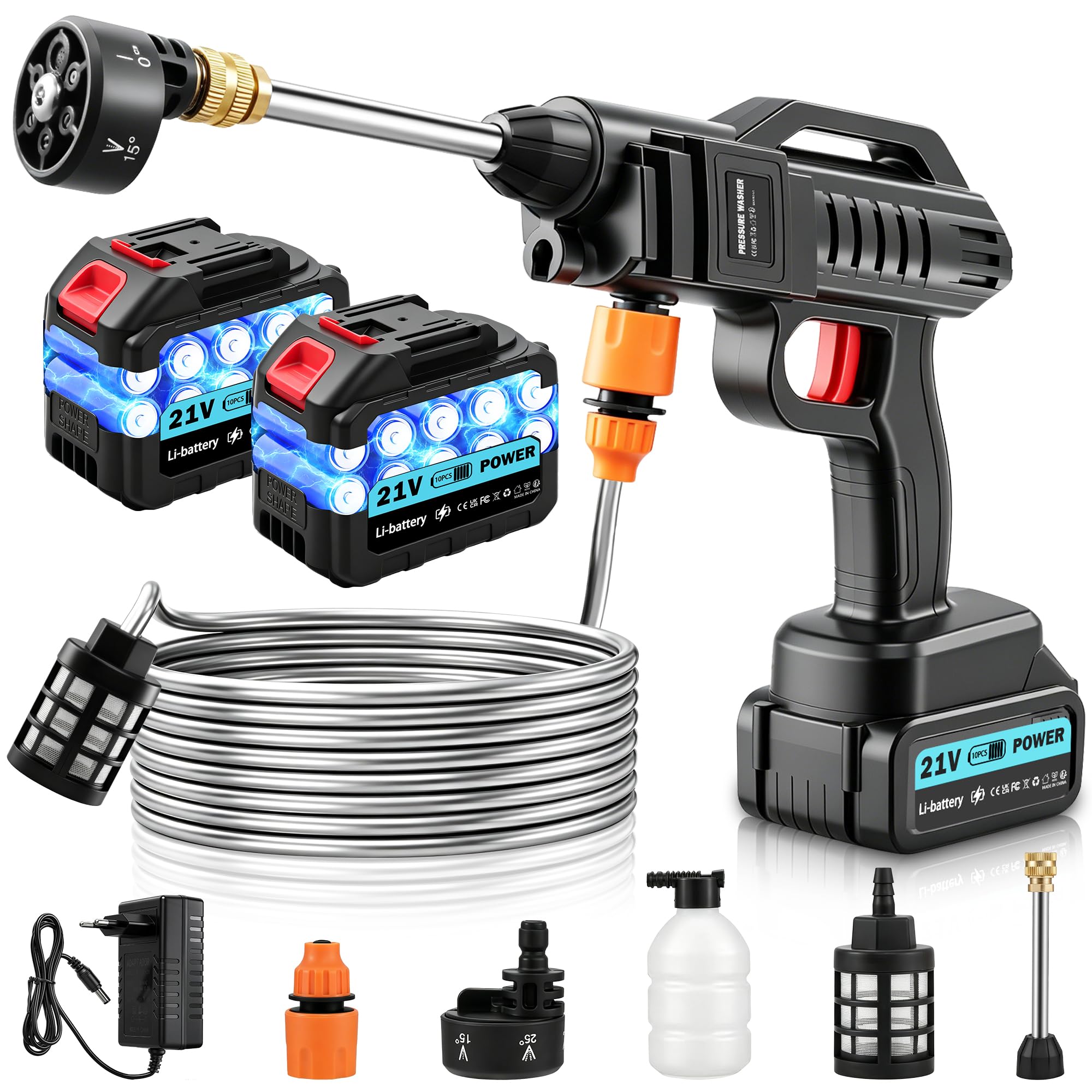 Nettoyeur Haute Pression sans Fil 100 Bar 270 l/h | Pistolet Portable avec 2 Batteries de 3000 mAh | Pistolet de Lavage 6 en 1 buse réglable 5m pour Sol de Voiture