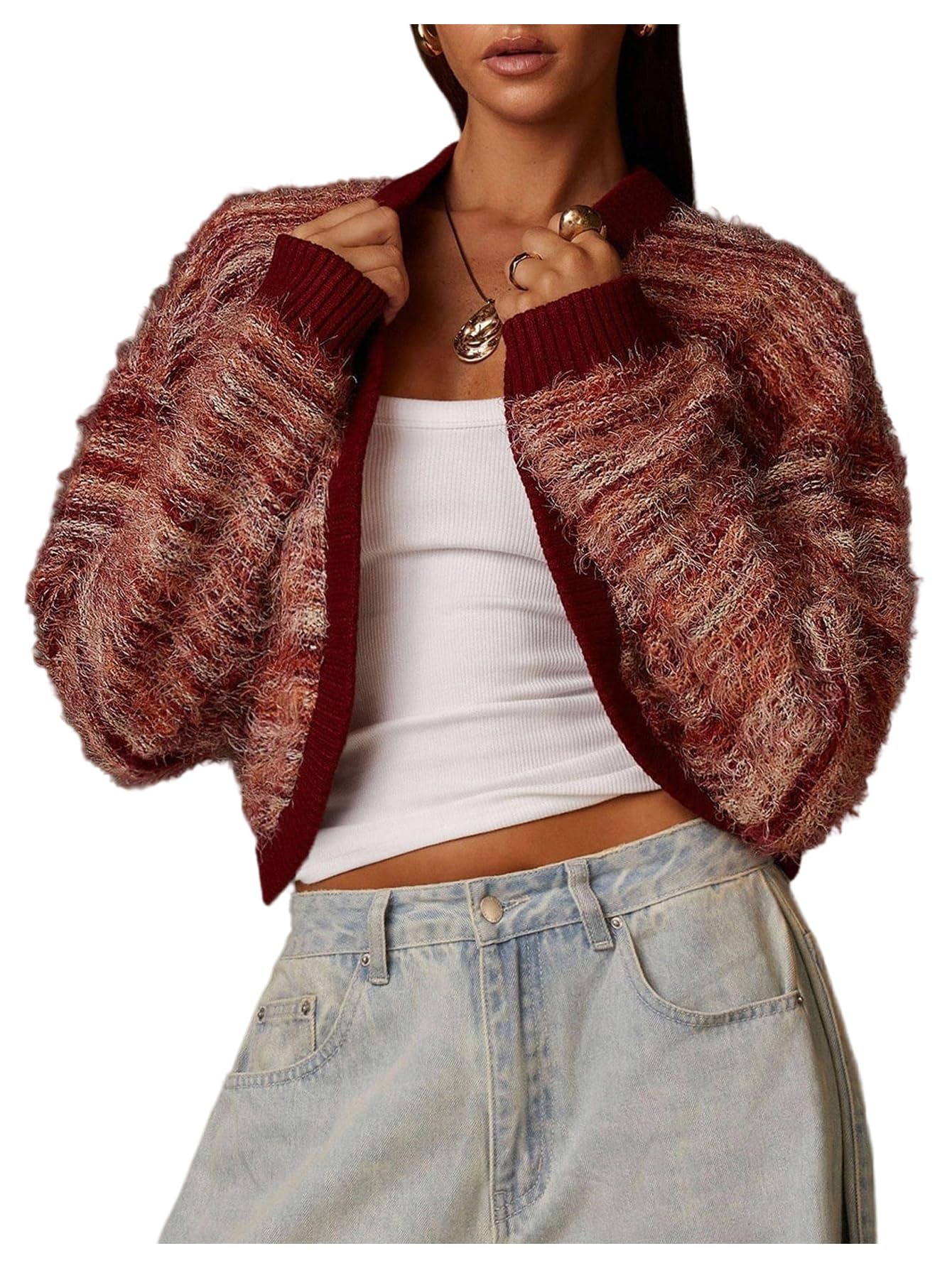 Floerns Womens Colorful Striped Open Front Crop Cardigans Long Sleeve Cozy Sweater Fall Outfits