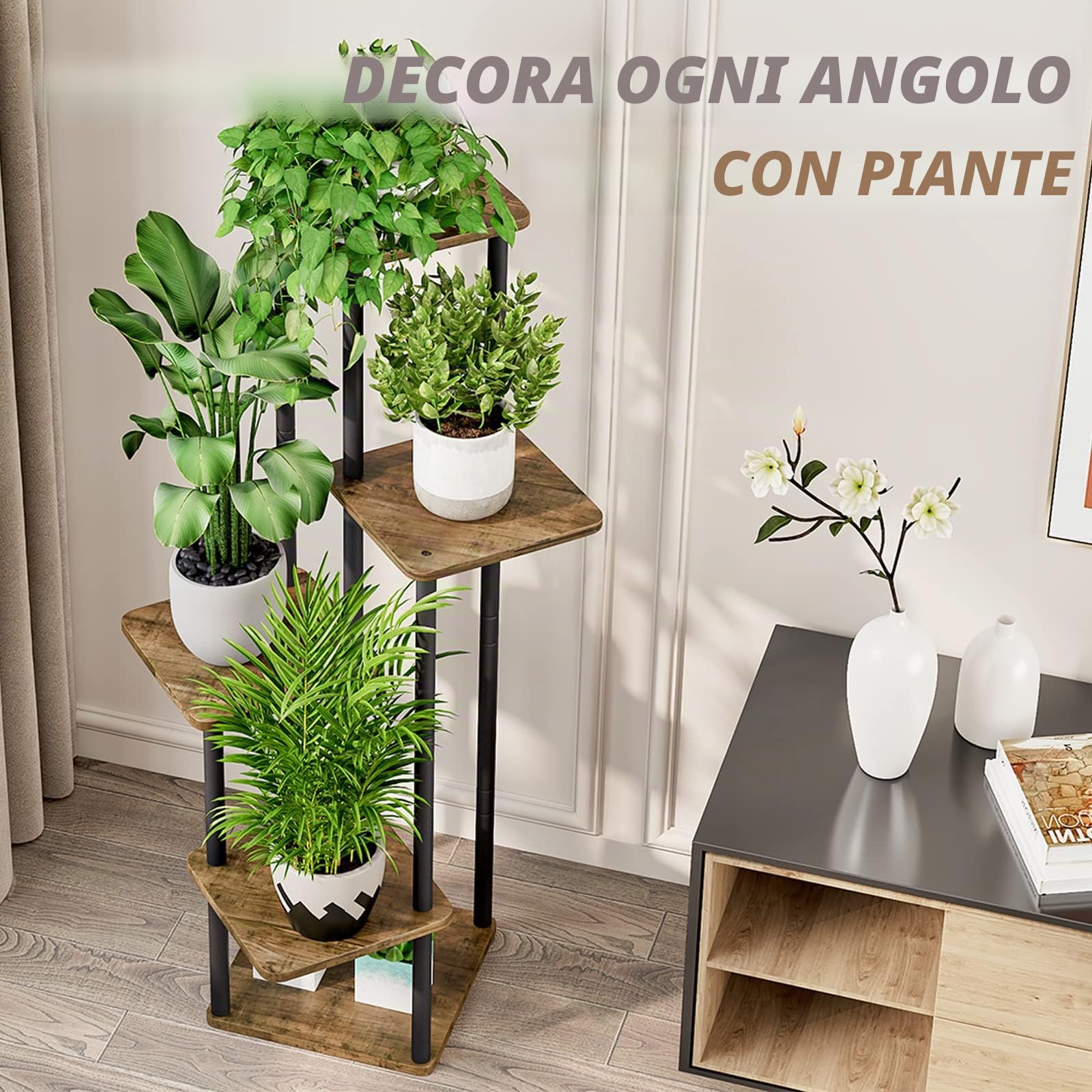 AZERPIAN Supporto per piante a 5 ripiani, in metallo, per interni, per più piante, ad angolo, per patio, giardino, soggiorno, balcone, camera da letto, nero (nero)