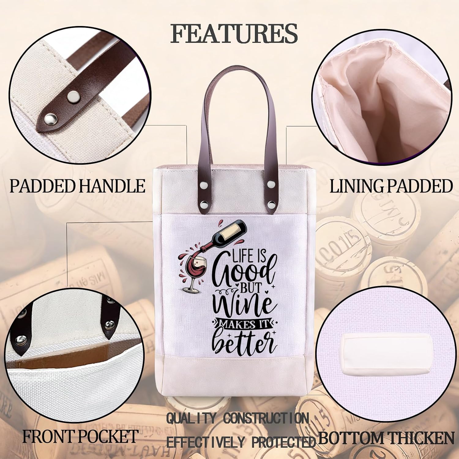 UJIMS Wine Lovers Gift Bottle Wine Carrier Tote Bag Wine Gift for Woman Man Wine Club Tote Bag image 5
