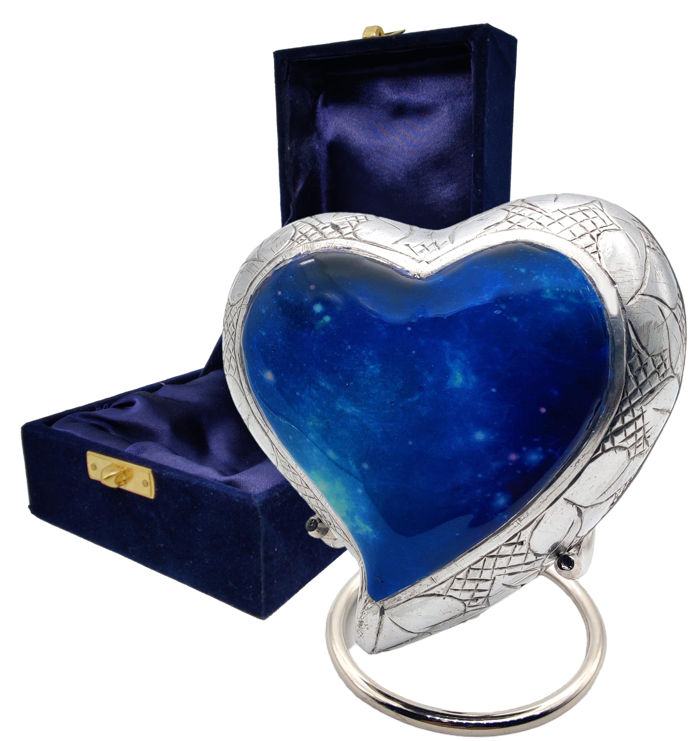 Galaxy Heart Urns for Human Ashes, Funeral Cremation Urn Blue Starry Sky Color with Velvet Box