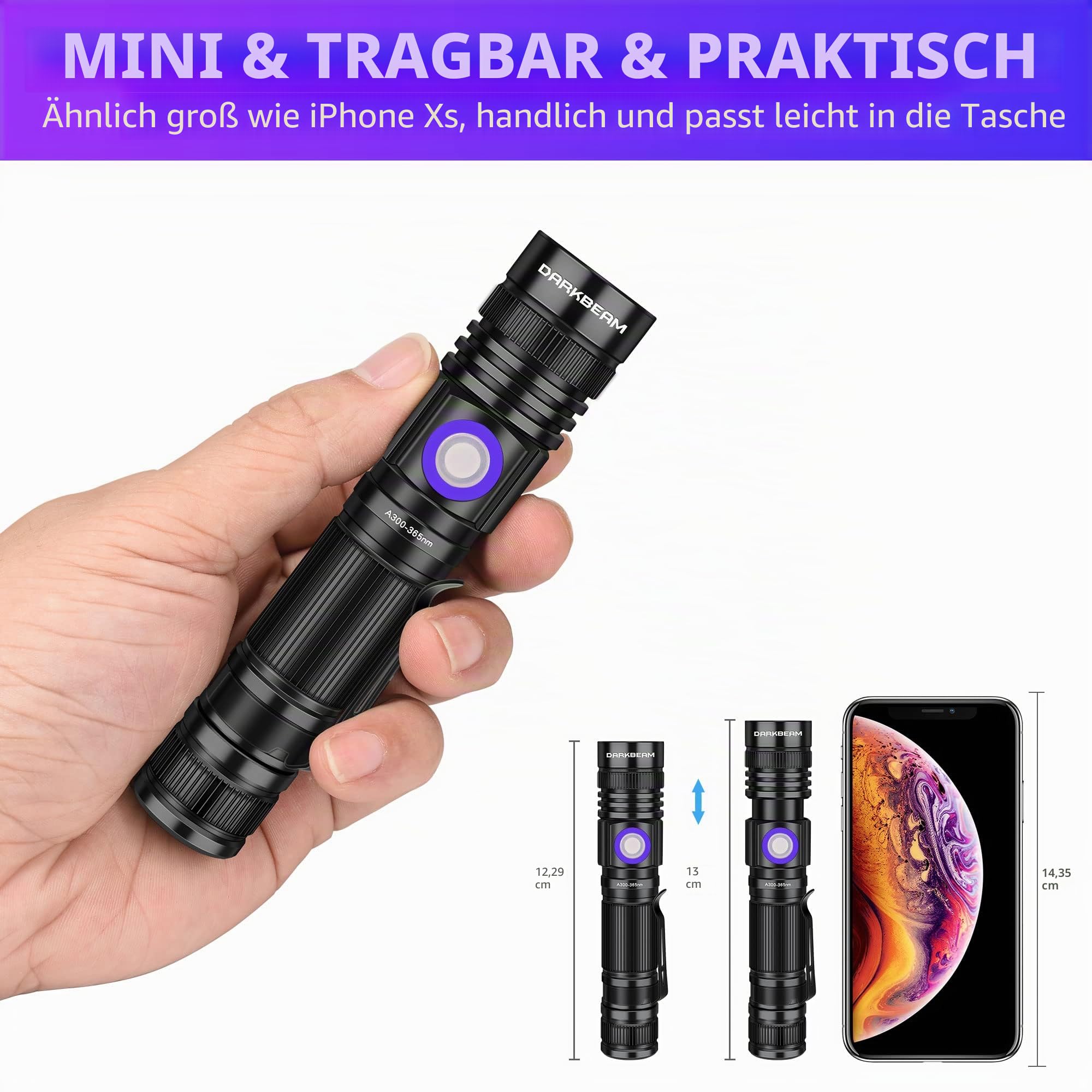 DARKBEAM UV Taschenlampe Schwarzlicht 365nm & 395nm Wiederaufladbare, Woodsche Lampe USB Schwarzlichttaschenlampen Mini Hand LED Ultraviolett Licht, Heimtierurindetektoren, Bernstein, Resin, 2er Pack
