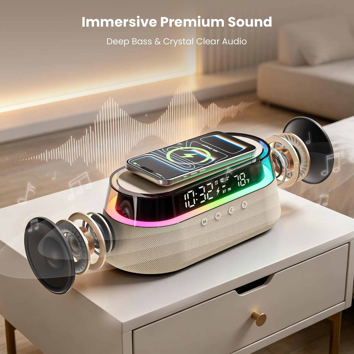 6-in-1 Bluetooth Speaker Alarm Clock with Remote, 15W Fast Wireless Charger, FM Radio & Dimmable LED Night Light, Dual Digital Clock for Bedroom Home Office, Ideal Gifts for Him, Men Women