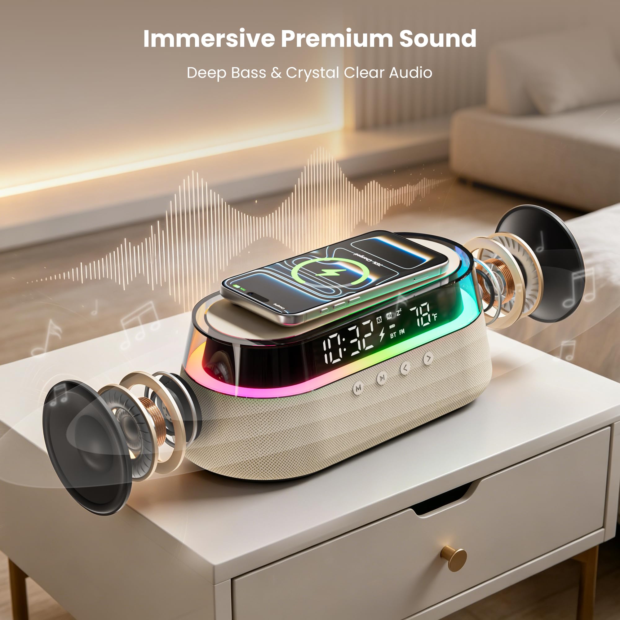 Altoparlante Bluetooth con Sveglia Caricatore Wireless 15W con Telecomando | Doppia Sveglia con Radio, Funzione Snooze e Luce Notturna per la Camera da Letto o l'ufficio Regalo Uomo Donne