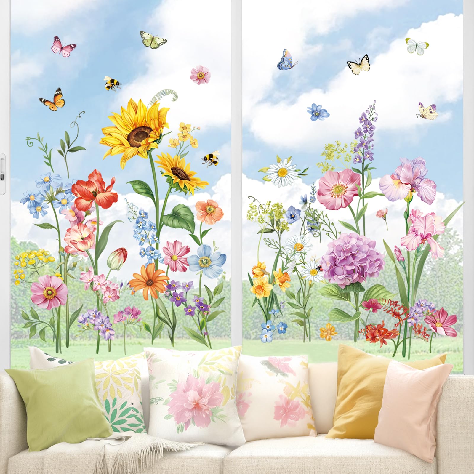 wondever Garden Flowers Window Clings Wildflower Sunflower Iris Floral Butterflies Glass Sticker Decal Anti Collision Double-Side Static Window Stickers for Home Glass Window - Image 2