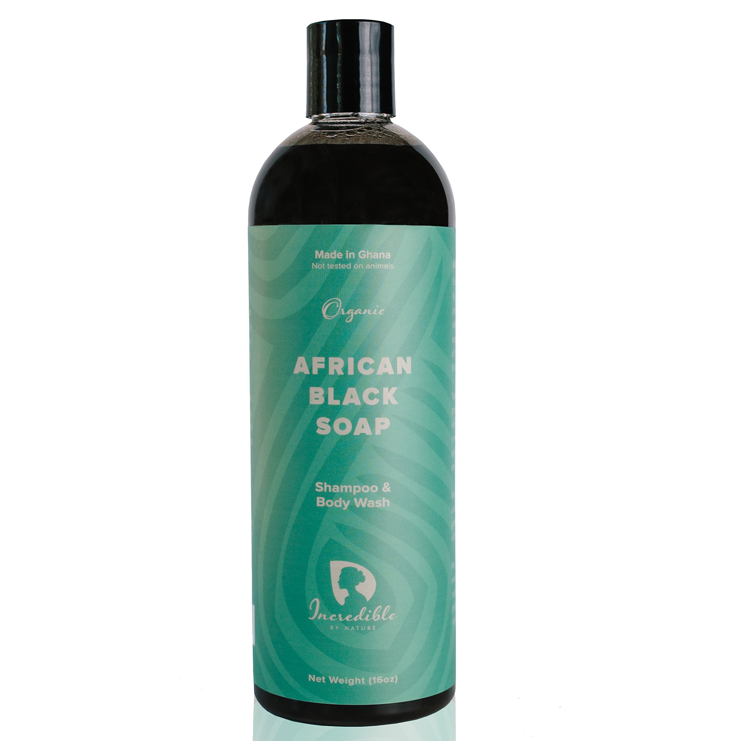 #1 Best Liquid African Black Soap Shampoo & Body Wash 16oz Raw Organic Anti-Acne Cleanser & for Dandruff, Dry Skin, Burns and Rashes With Moisturizing Shea Butter - Incredible By Nature