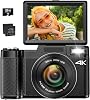 4K Digital Camera Photography Autofocus 48MP Vlog Camera for YouTube with 16x Digital Zoom Macro Camera 3 Inch 180° Flip Screen Compact Video Camera with Lifting Flash, SD Card & 2 Batteries