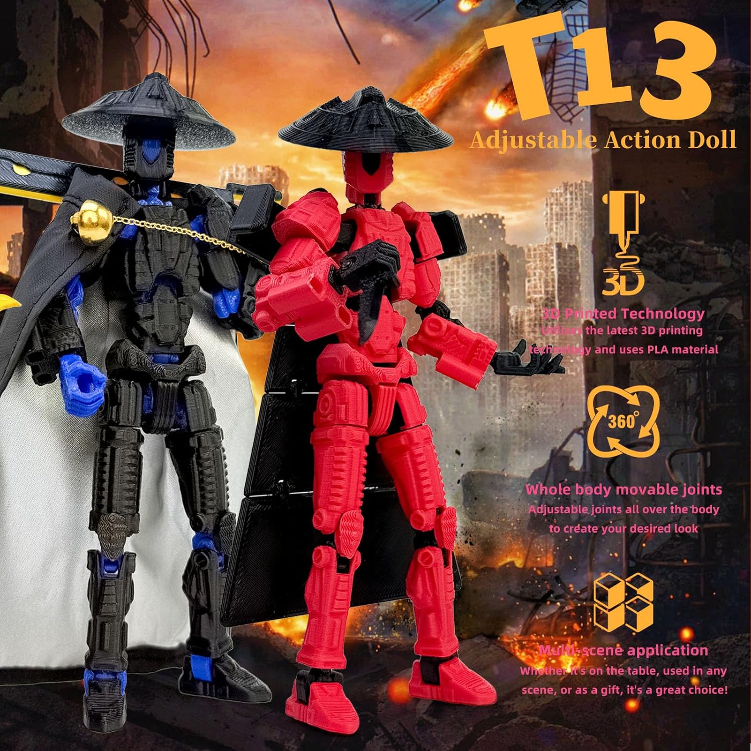 T13 3D Printed Action Figure Set – 2PCS Fully Assembled Multi-Jointed Robot Toys with Accessories, Poseable Movable Figures for Stop Motion Animation, Desktop Decor, Collectors Gift