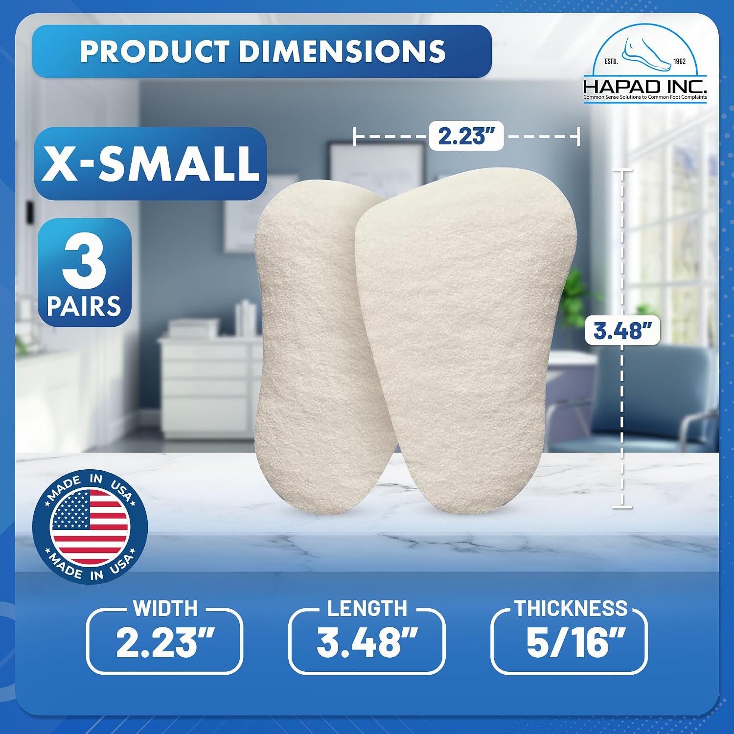 HAPAD Longitudinal Metatarsal Arch Support Inserts for Women & Men, X-Small 5/16 (Pack of 3) - Adhesive Arch Support Pads, Metatarsal Pads, Shoe Insoles - Foot Arch Supports for Flat Feet, High Arch